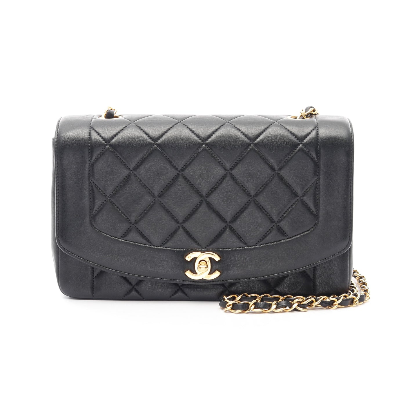 マトラッセ ダイアナフラップ チェーンショルダーバッグ ラムスキン ブラック ゴールド金具 シャネル バッグ CHANEL