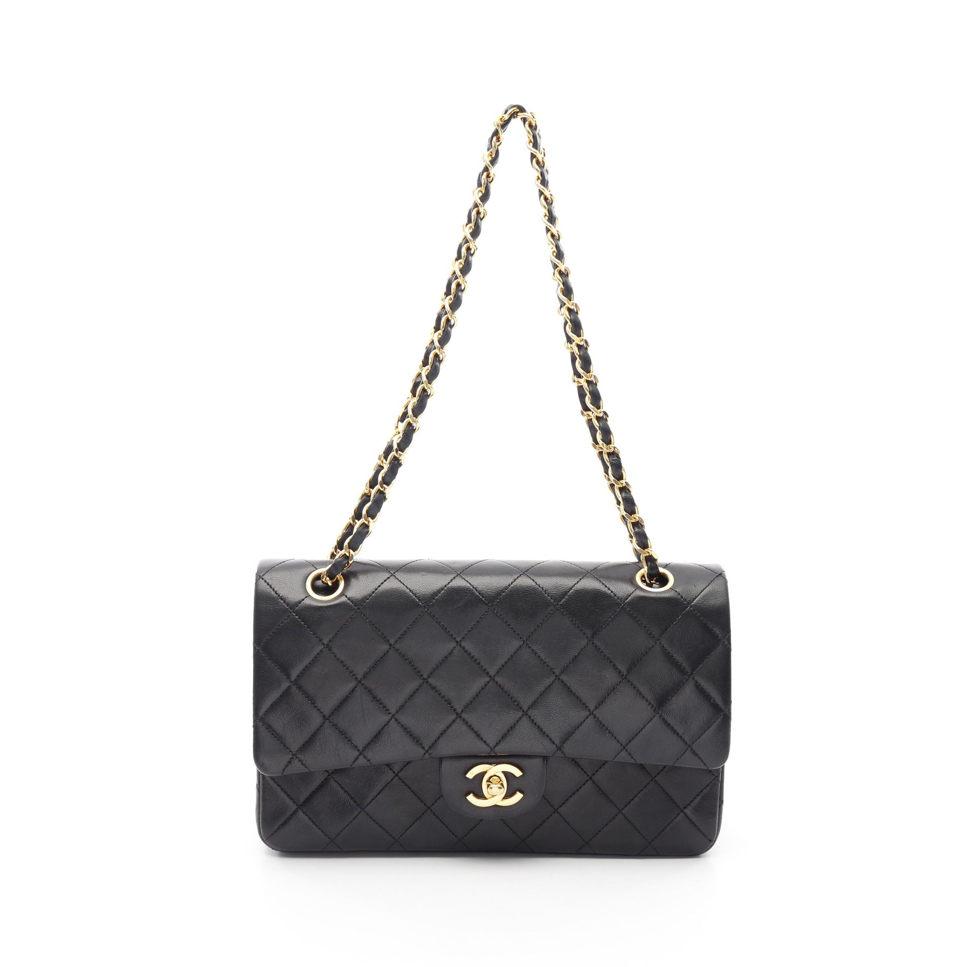マトラッセ Wフラップ Wチェーンショルダーバッグ ラムスキン ブラック ゴールド金具 ヴィンテージ シャネル バッグ CHANEL