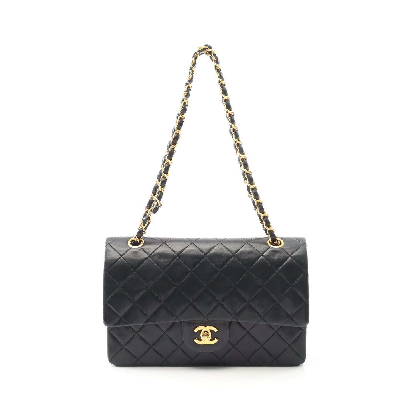 マトラッセ Wフラップ Wチェーンショルダーバッグ ラムスキン ブラック ゴールド金具 ヴィンテージ シャネル バッグ CHANEL