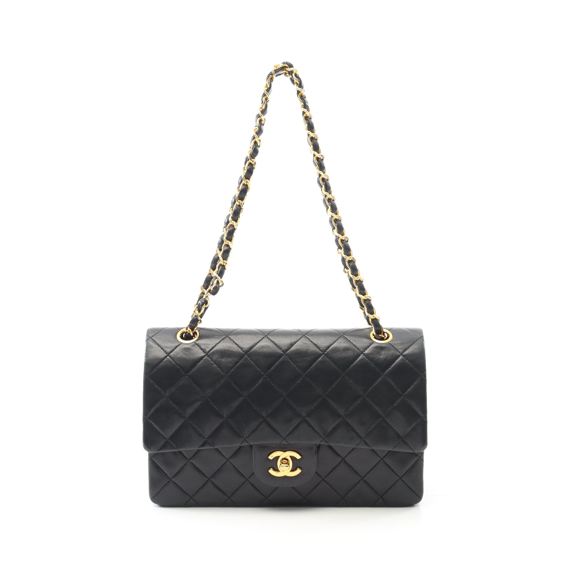 マトラッセ Wフラップ Wチェーンショルダーバッグ ラムスキン ブラック ゴールド金具 ヴィンテージ シャネル バッグ CHANEL