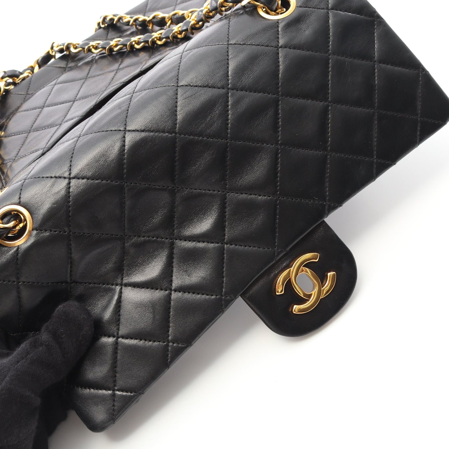 マトラッセ Wフラップ Wチェーンショルダーバッグ ラムスキン ブラック ゴールド金具 ヴィンテージ シャネル バッグ CHANEL