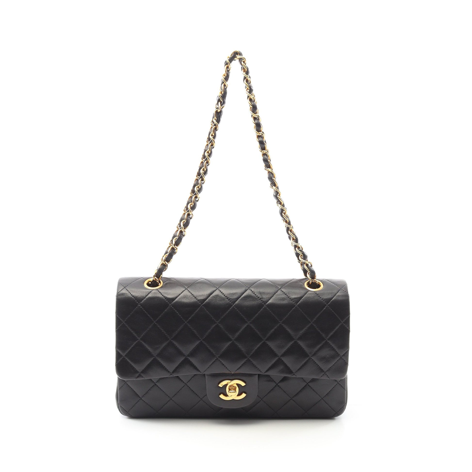 マトラッセ Wフラップ Wチェーンショルダーバッグ ラムスキン ブラック ゴールド金具 シャネル バッグ CHANEL
