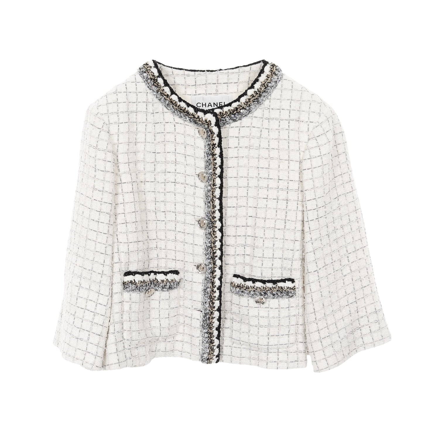 ココマークボタン ツイード ノーカラージャケット コットン ホワイト ブラック スパンコール シャネル アウター CHANEL