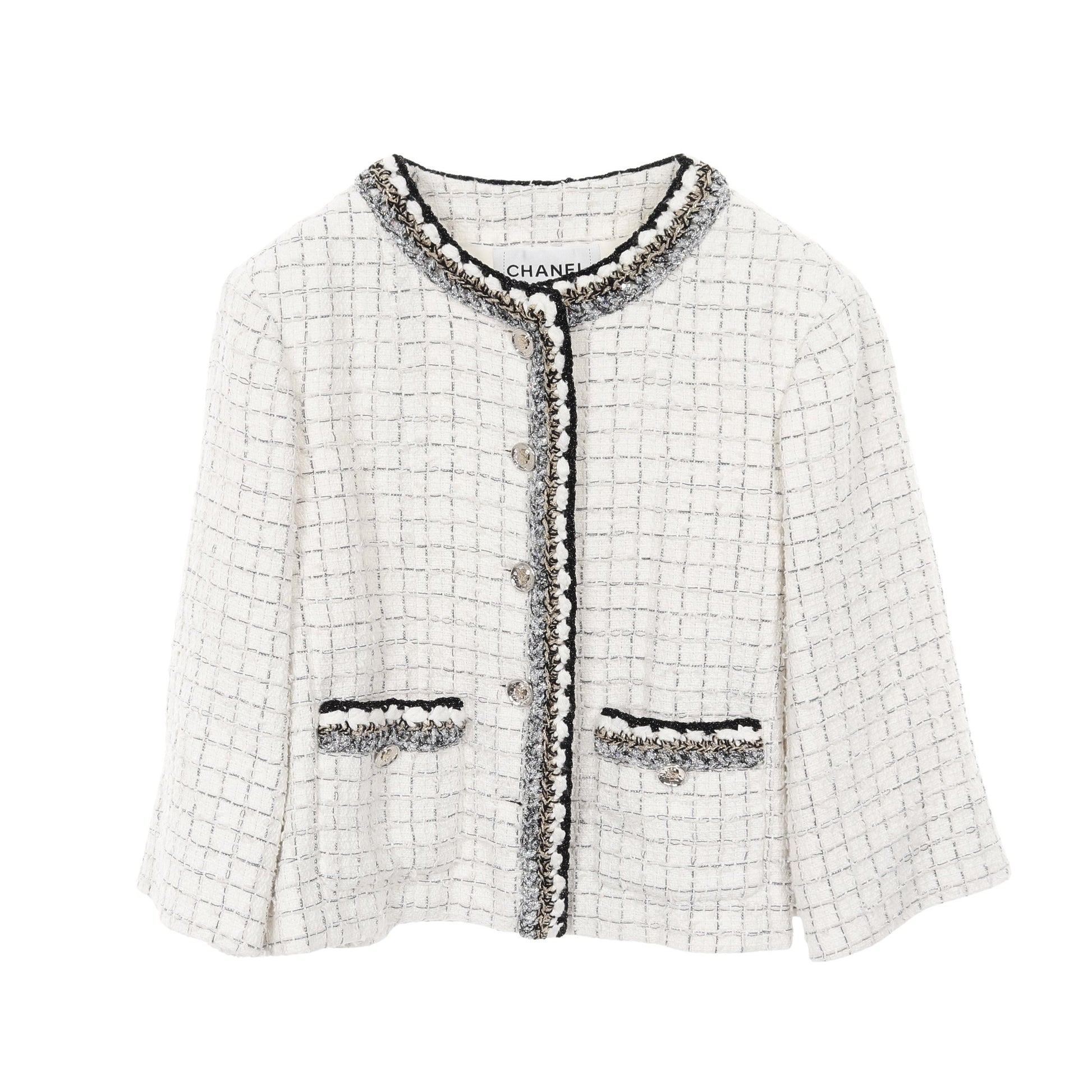 ココマークボタン ツイード ノーカラージャケット コットン ホワイト ブラック スパンコール シャネル アウター CHANEL