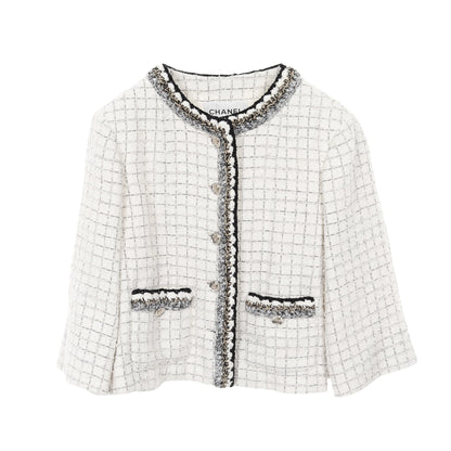 ココマークボタン ツイード ノーカラージャケット コットン ホワイト ブラック スパンコール シャネル アウター CHANEL