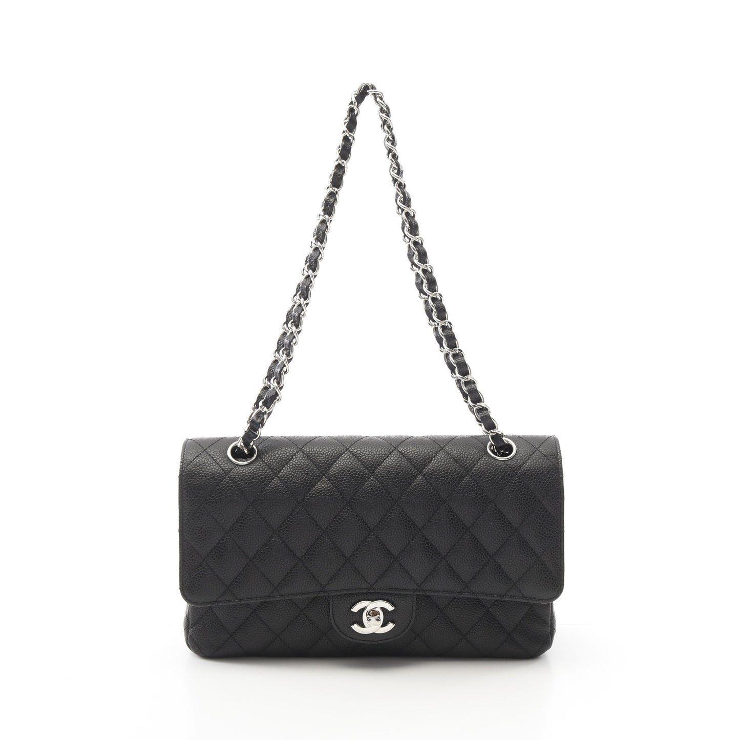 マトラッセ Wフラップ Wチェーンショルダーバッグ キャビアスキン ブラック シルバー金具 シャネル バッグ CHANEL