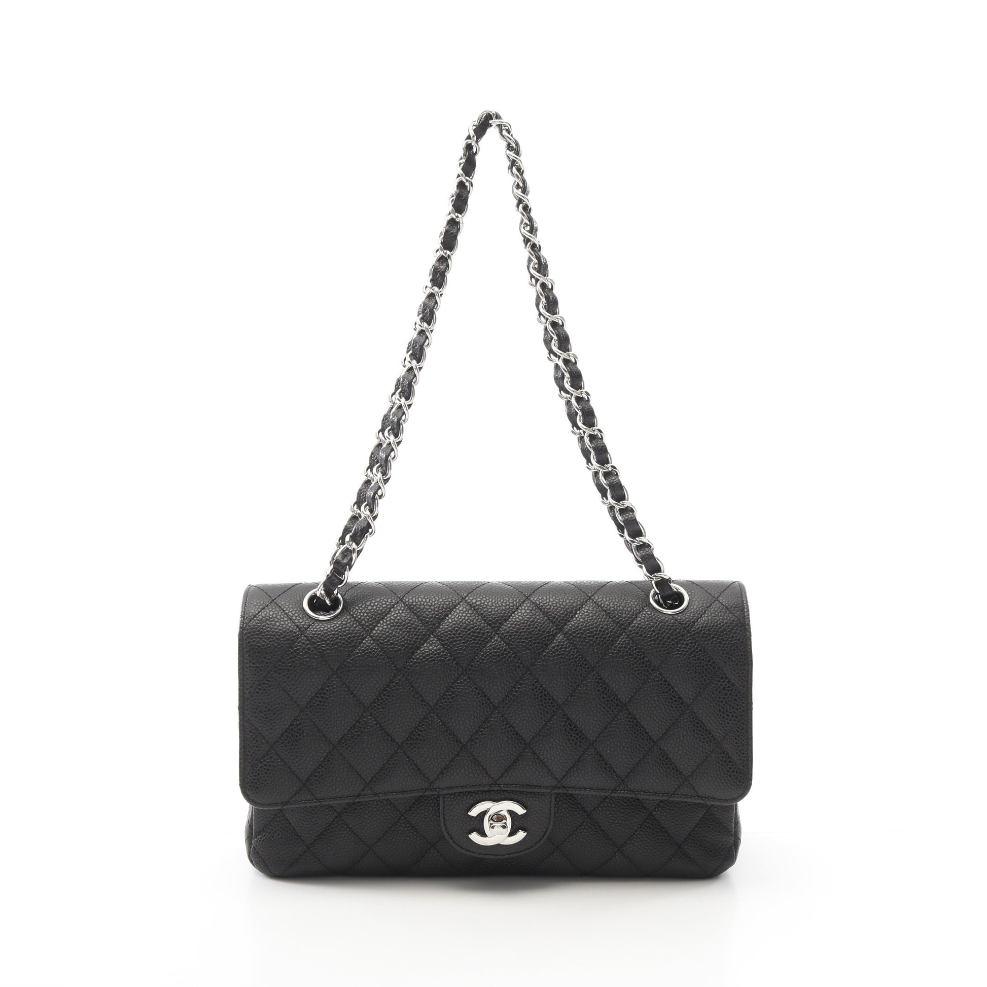 マトラッセ Wフラップ Wチェーンショルダーバッグ キャビアスキン ブラック シルバー金具 シャネル バッグ CHANEL
