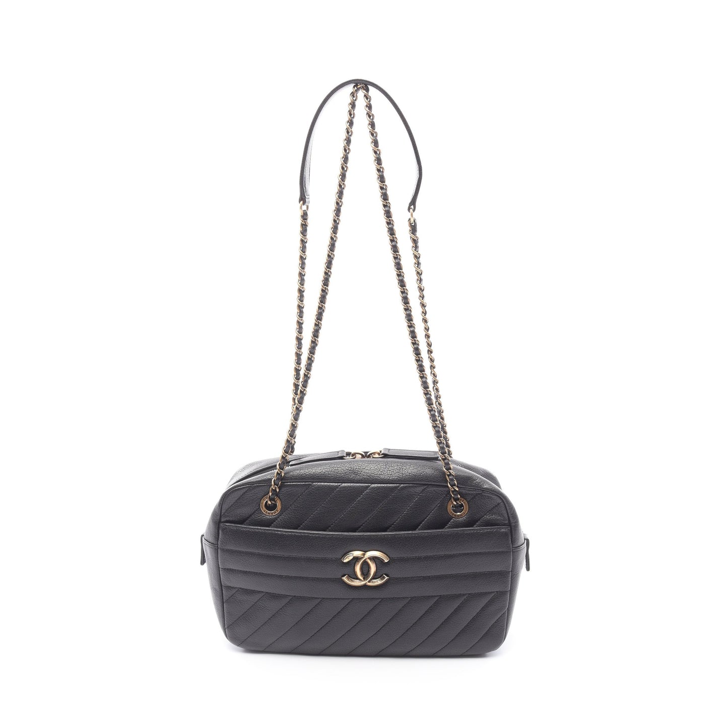 ココマーク Wチェーンショルダーバッグ レザー ブラック ゴールド金具 シャネル バッグ CHANEL