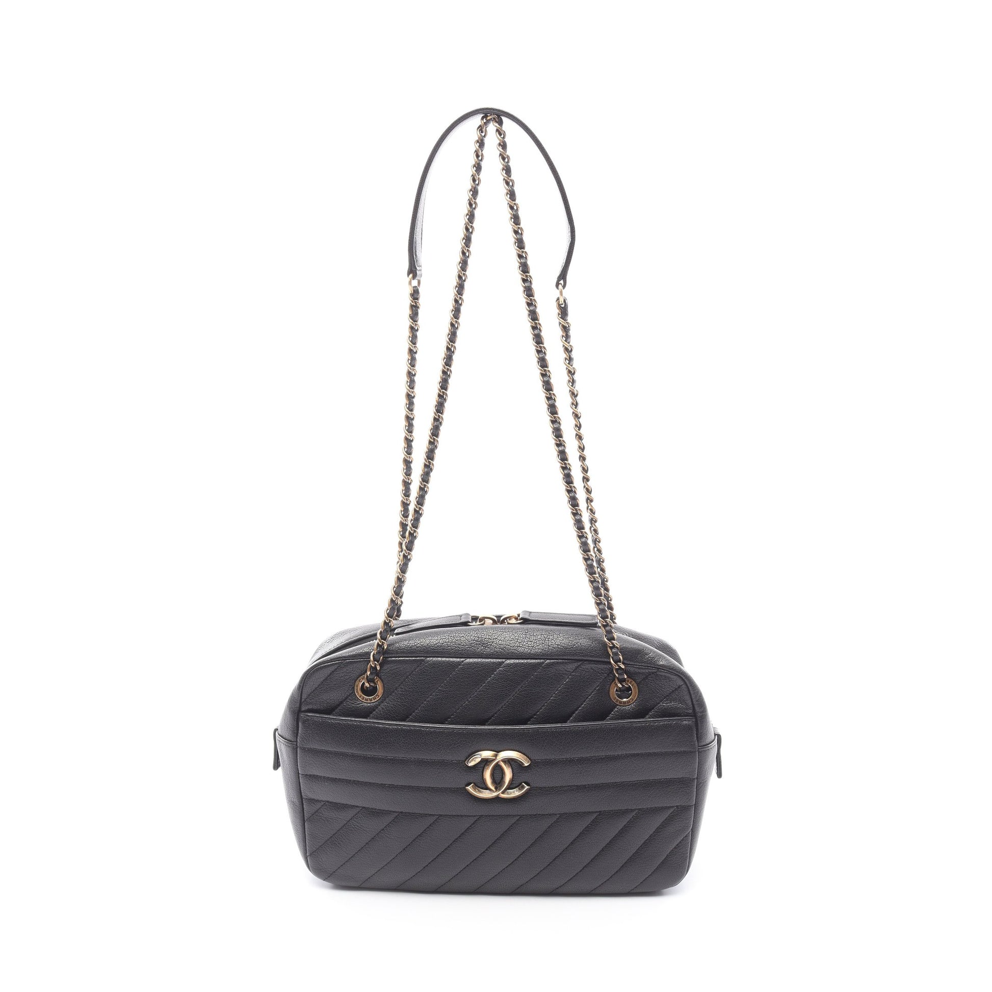 ココマーク Wチェーンショルダーバッグ レザー ブラック ゴールド金具 シャネル バッグ CHANEL