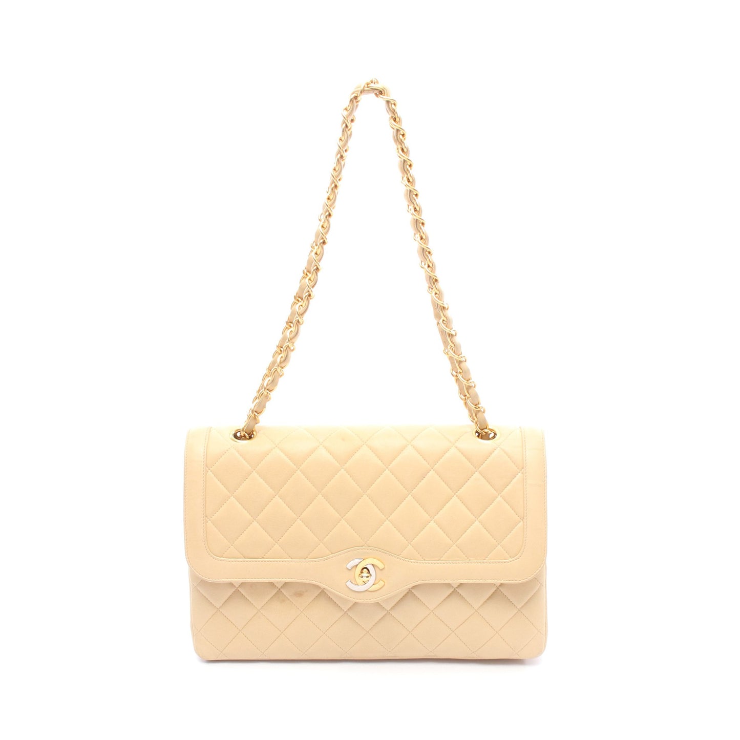マトラッセ パリ限定 Wフラップ Wチェーンショルダーバッグ ラムスキン ベージュ コンビ金具 シャネル バッグ CHANEL