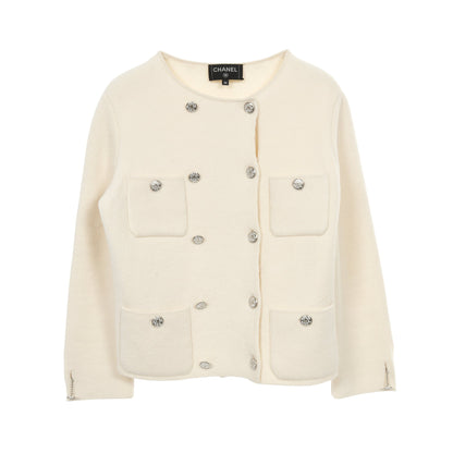 ココマーク ラインストーンボタン ニットジャケット ノーカラージャケット カシミヤ シルク アイボリー シャネル アウター CHANEL