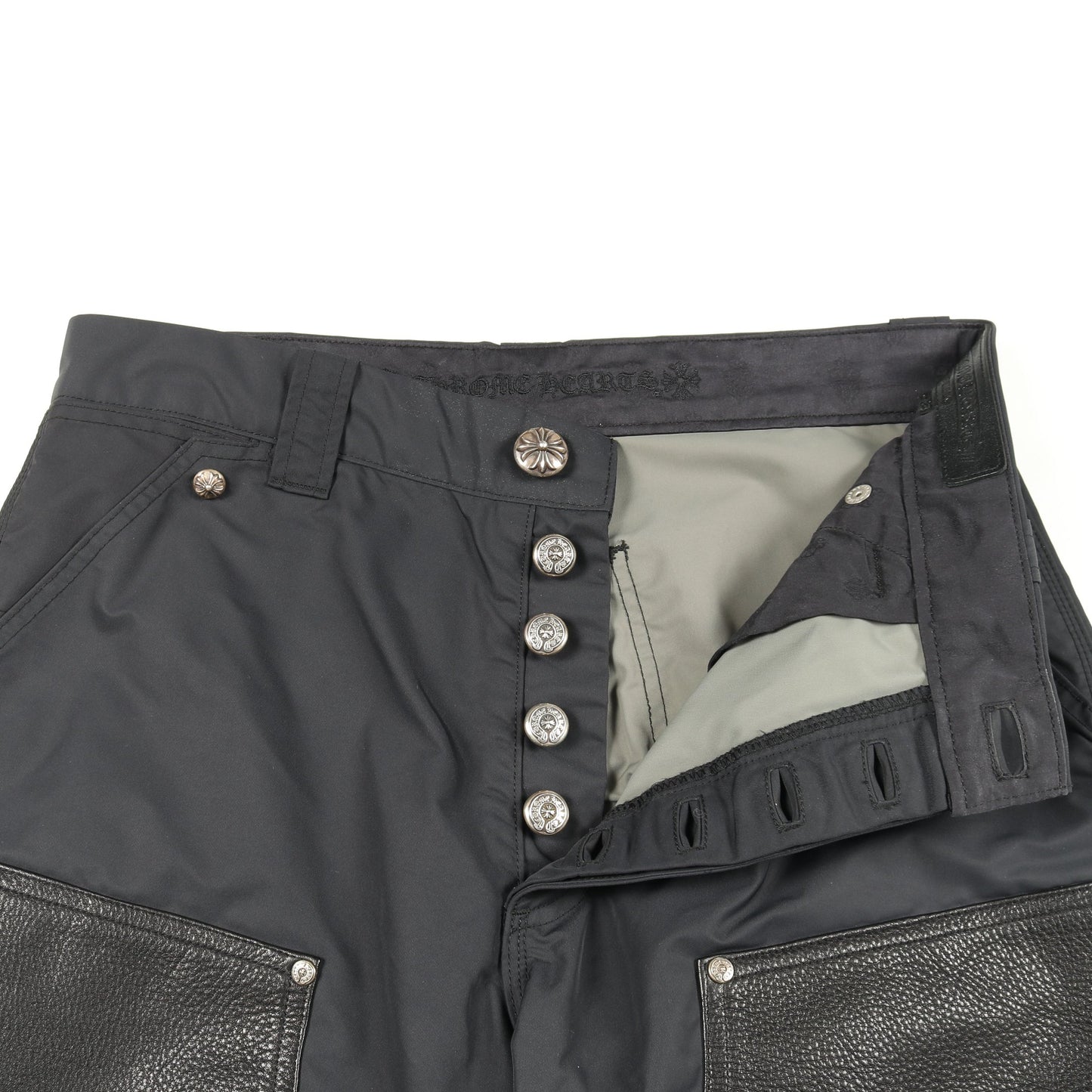 パンツ ナイロン レザー ネイビー ブラック ボタンフライ クロムハーツ ボトムス Chrome Hearts