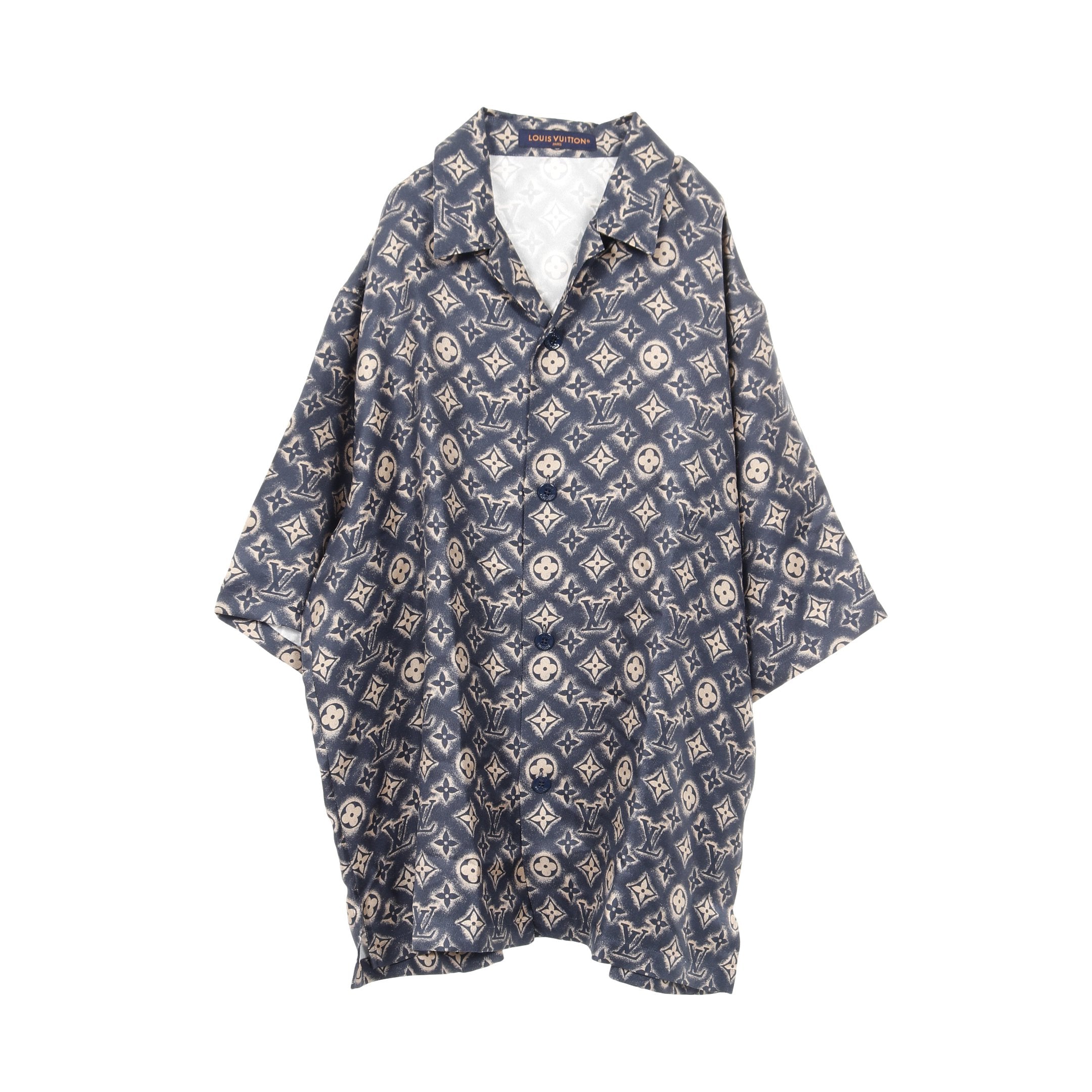 モノグラム シャツ オープンカラー 半袖 シルク ネイビー