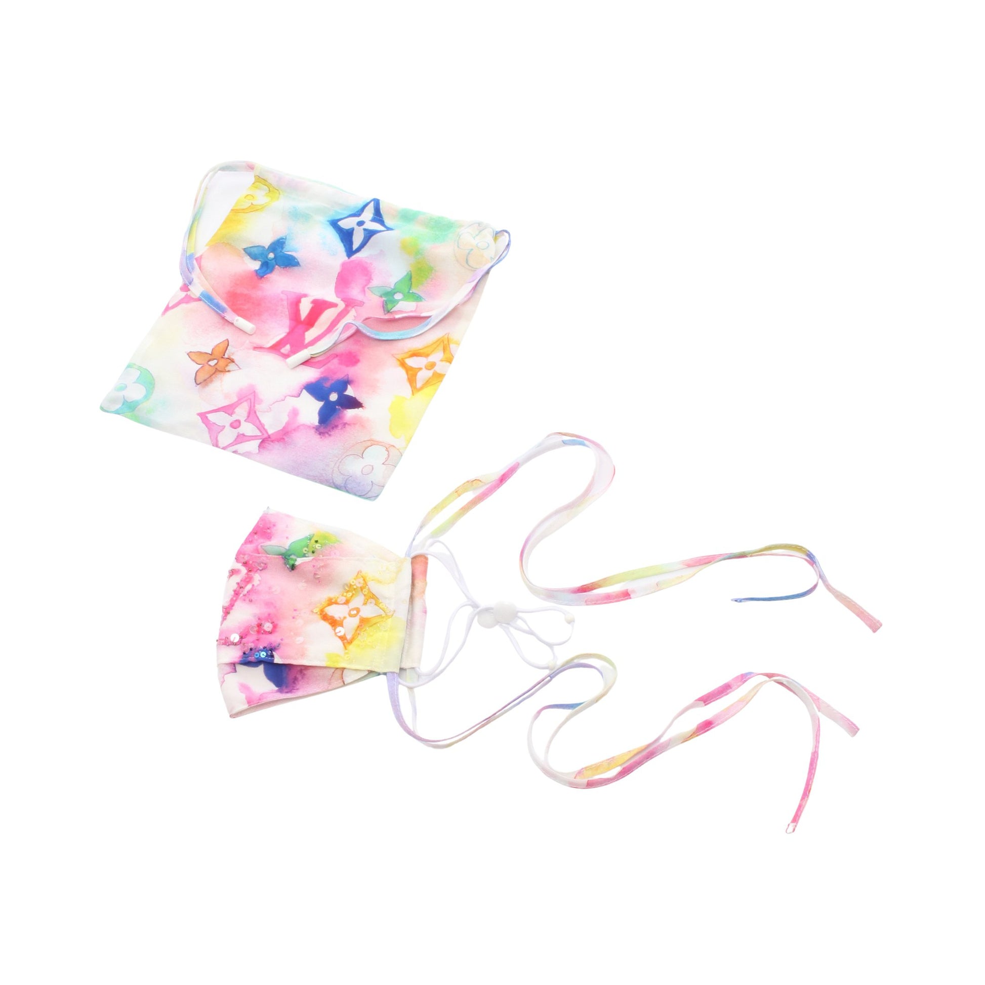 マスク ポーチ モノグラムウォーターカラー マスク ポーチ 小物 スパンコール コットン シルク ホワイト マルチカラー 2点セット ルイヴィトン 財布・小物 LOUIS VUITTON