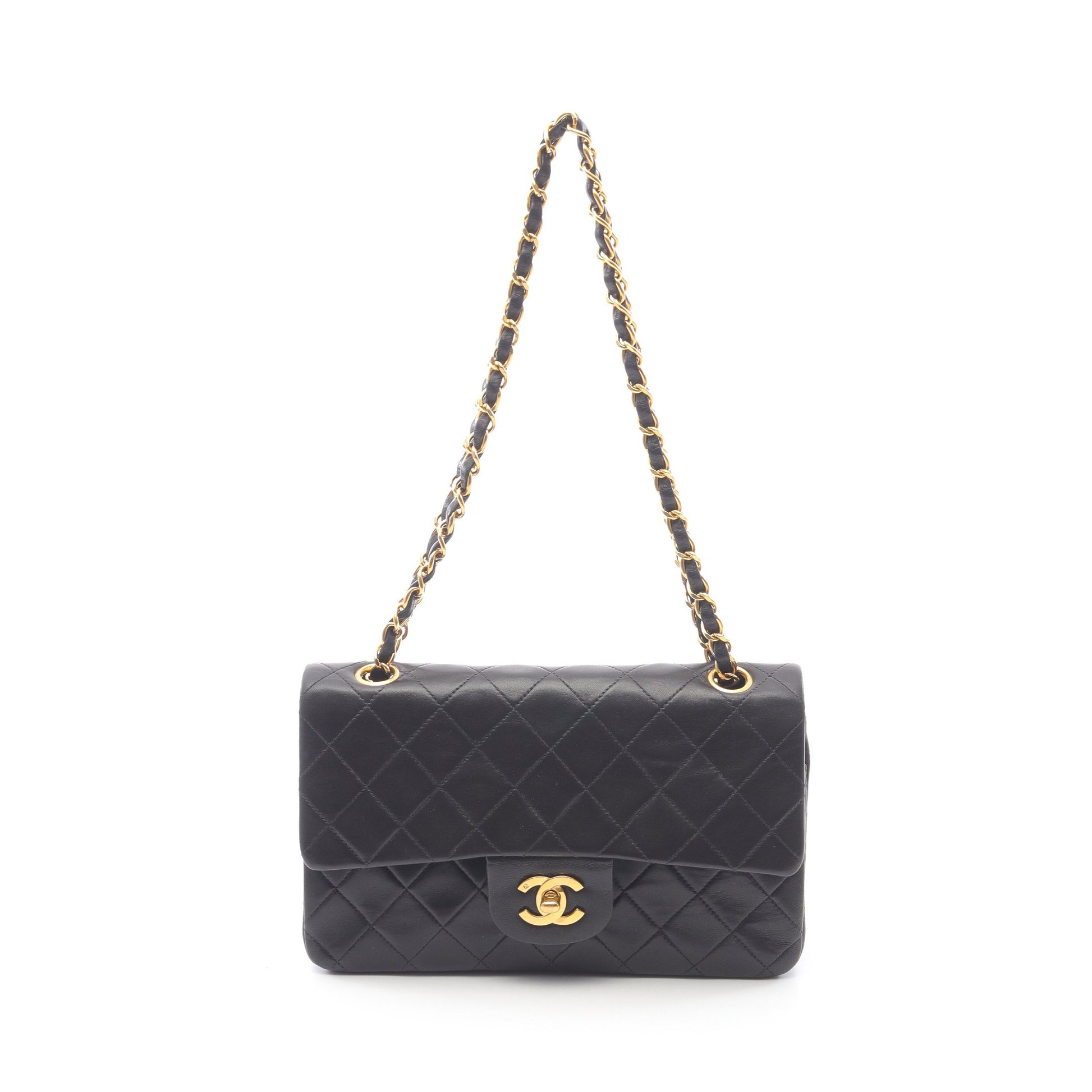 マトラッセ Wフラップ Wチェーンショルダーバッグ ラムスキン ブラック ゴールド金具 ヴィンテージ シャネル バッグ CHANEL