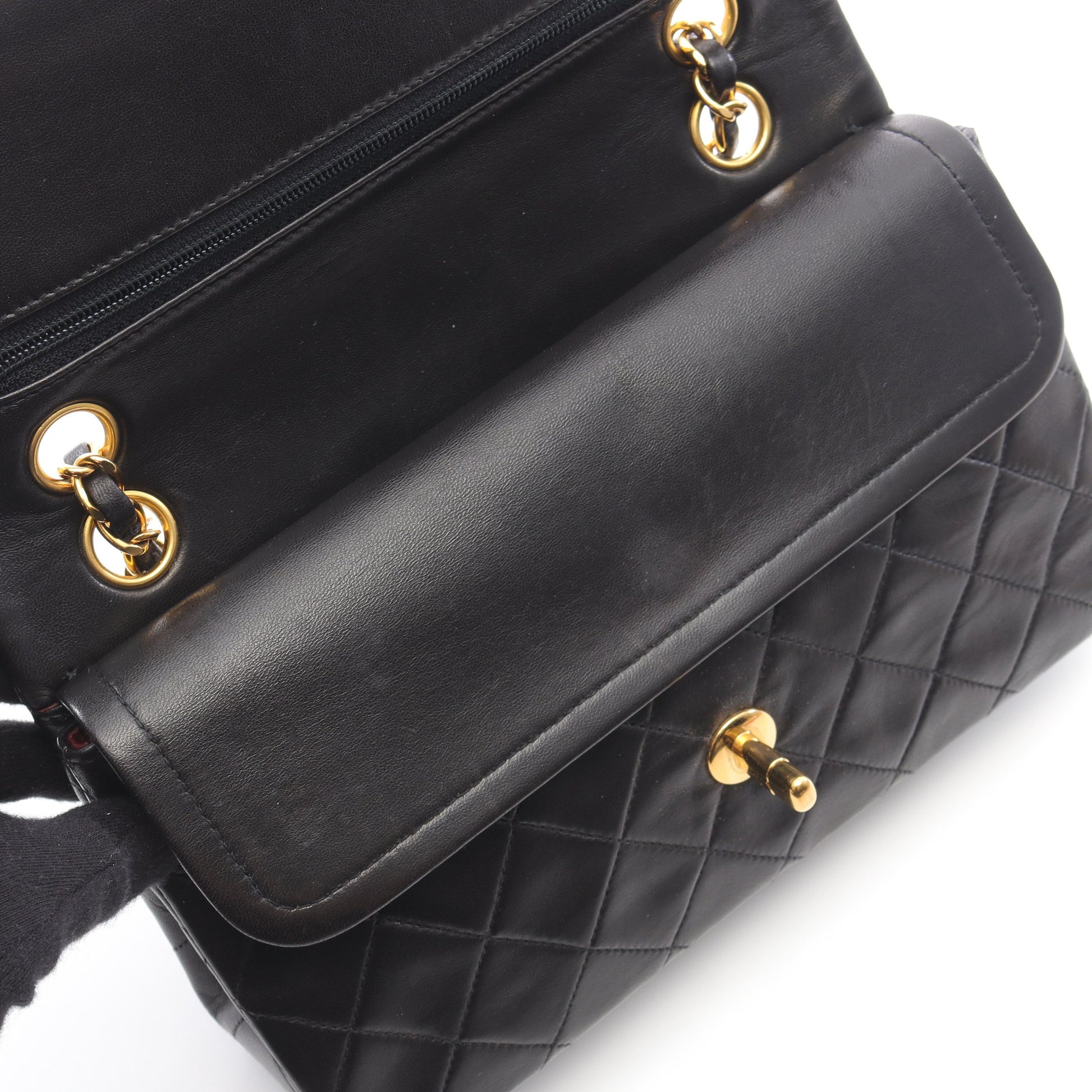 マトラッセ Wフラップ Wチェーンショルダーバッグ ラムスキン ブラック ゴールド金具 ヴィンテージ シャネル バッグ CHANEL