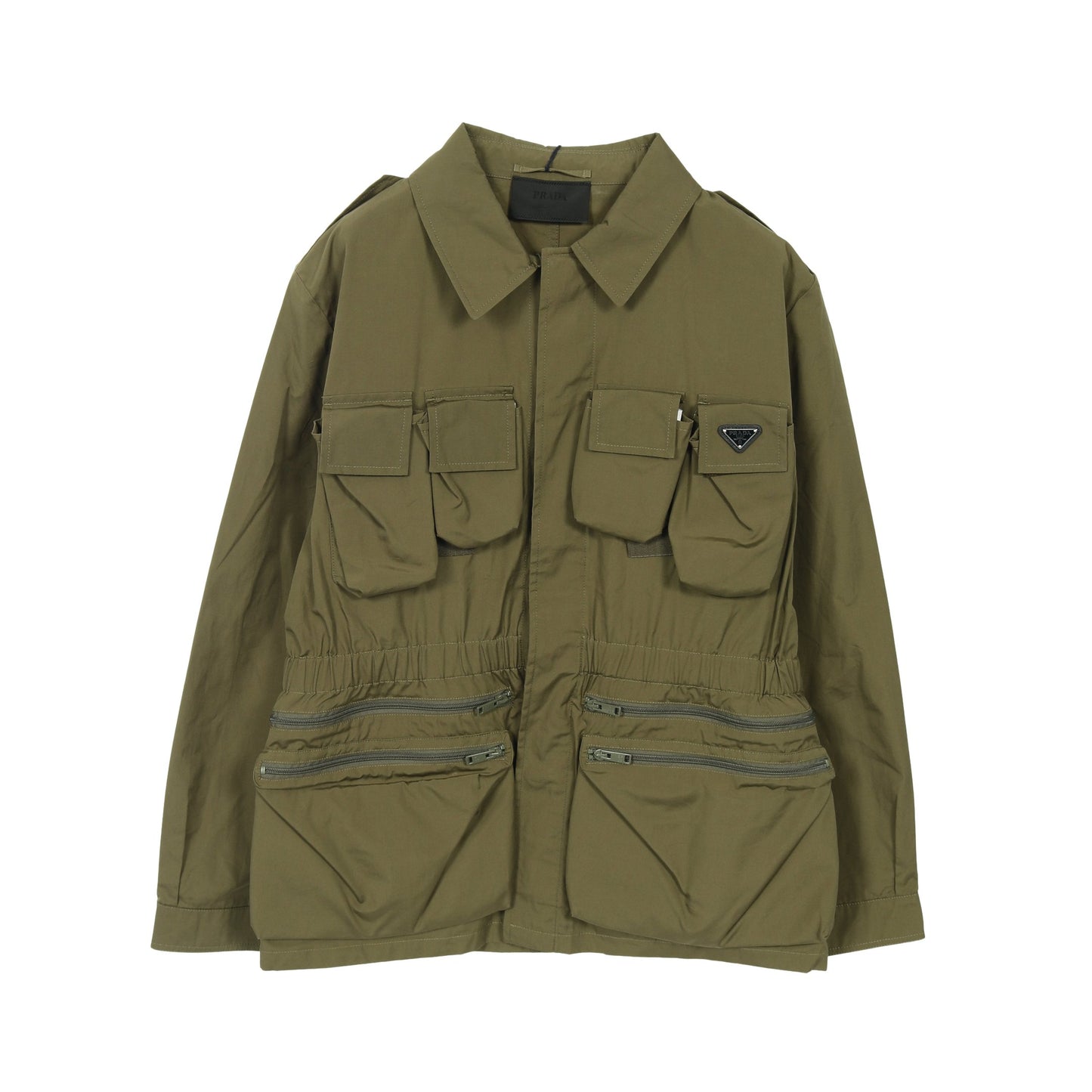 トライアングルプレート サファリジャケット ブルゾン コットン カーキグリーン プラダ アウター PRADA