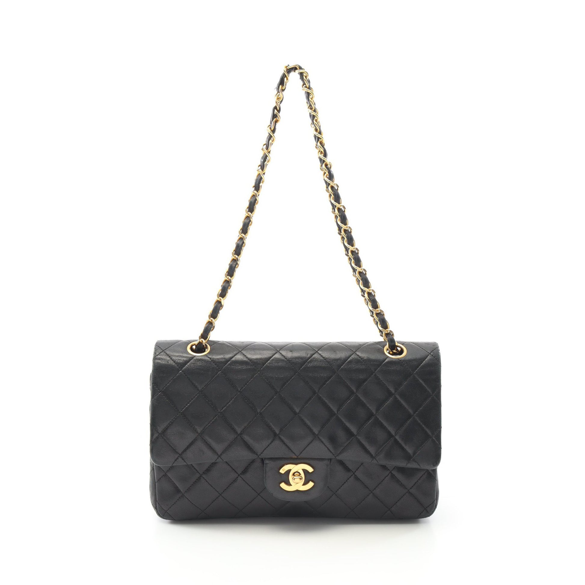 マトラッセ Wフラップ Wチェーンショルダーバッグ ラムスキン ブラック ゴールド金具 ヴィンテージ シャネル バッグ CHANEL