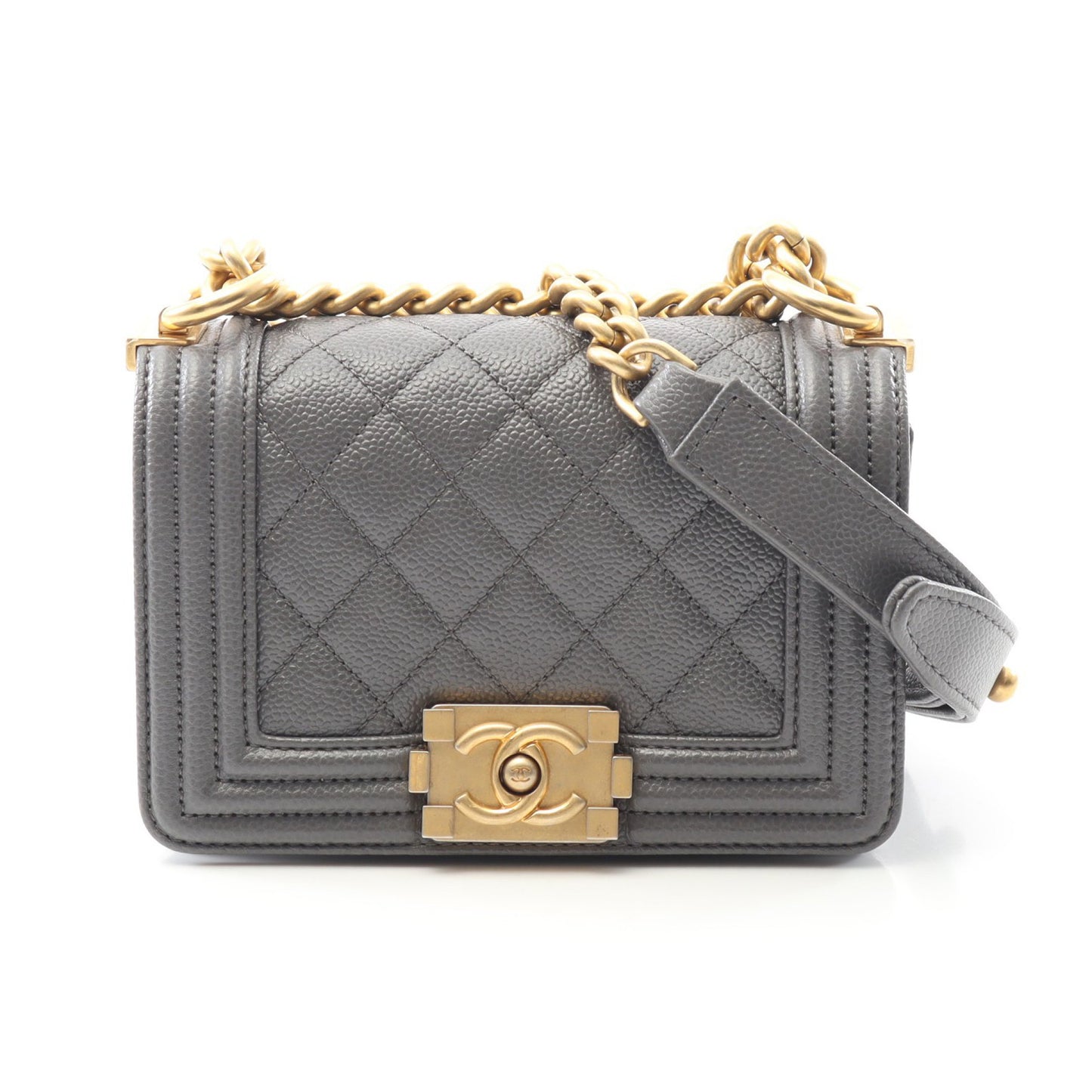 ボーイシャネル ミニ マトラッセ チェーンショルダーバッグ キャビアスキン グレー ゴールド金具 シャネル バッグ CHANEL