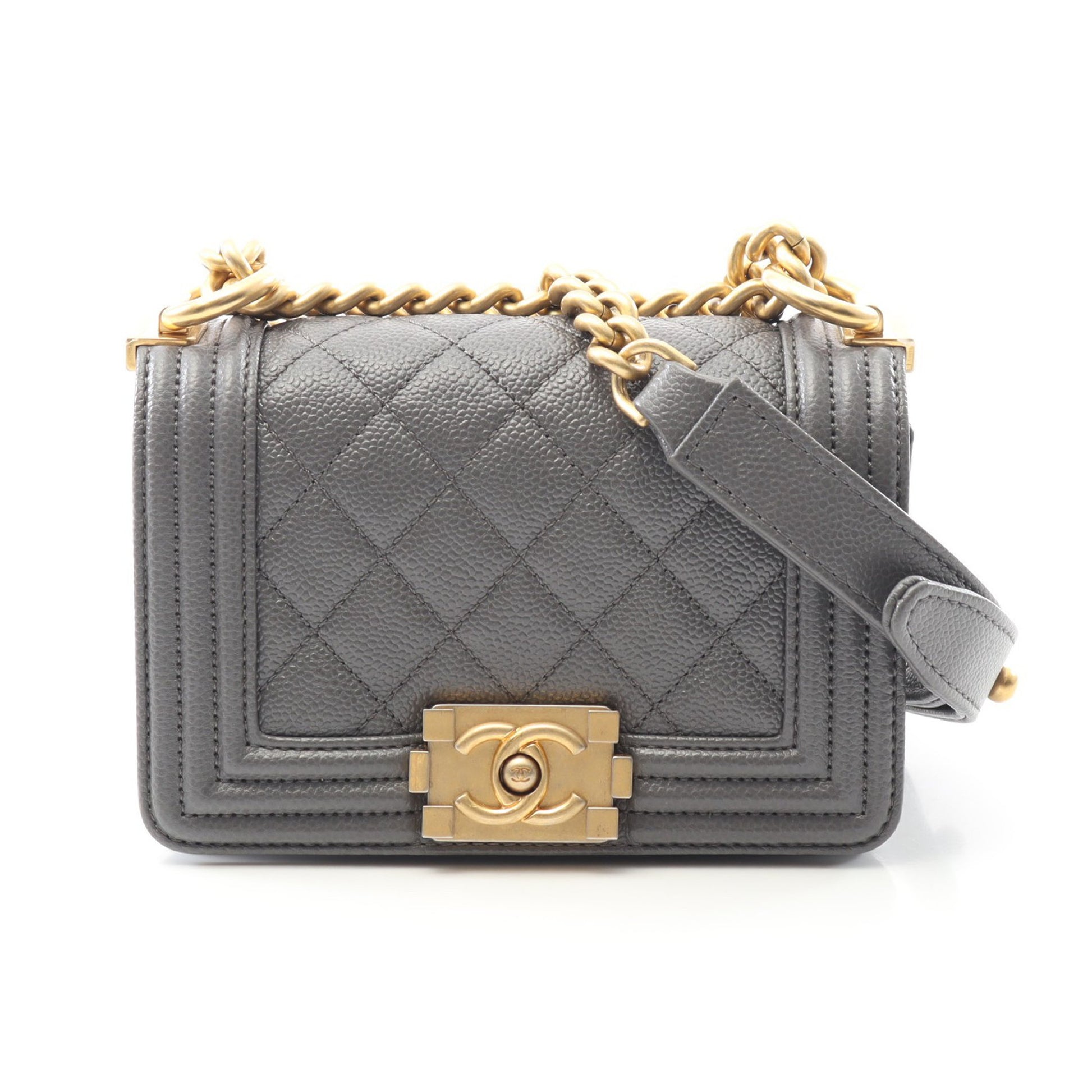 ボーイシャネル ミニ マトラッセ チェーンショルダーバッグ キャビアスキン グレー ゴールド金具 シャネル バッグ CHANEL
