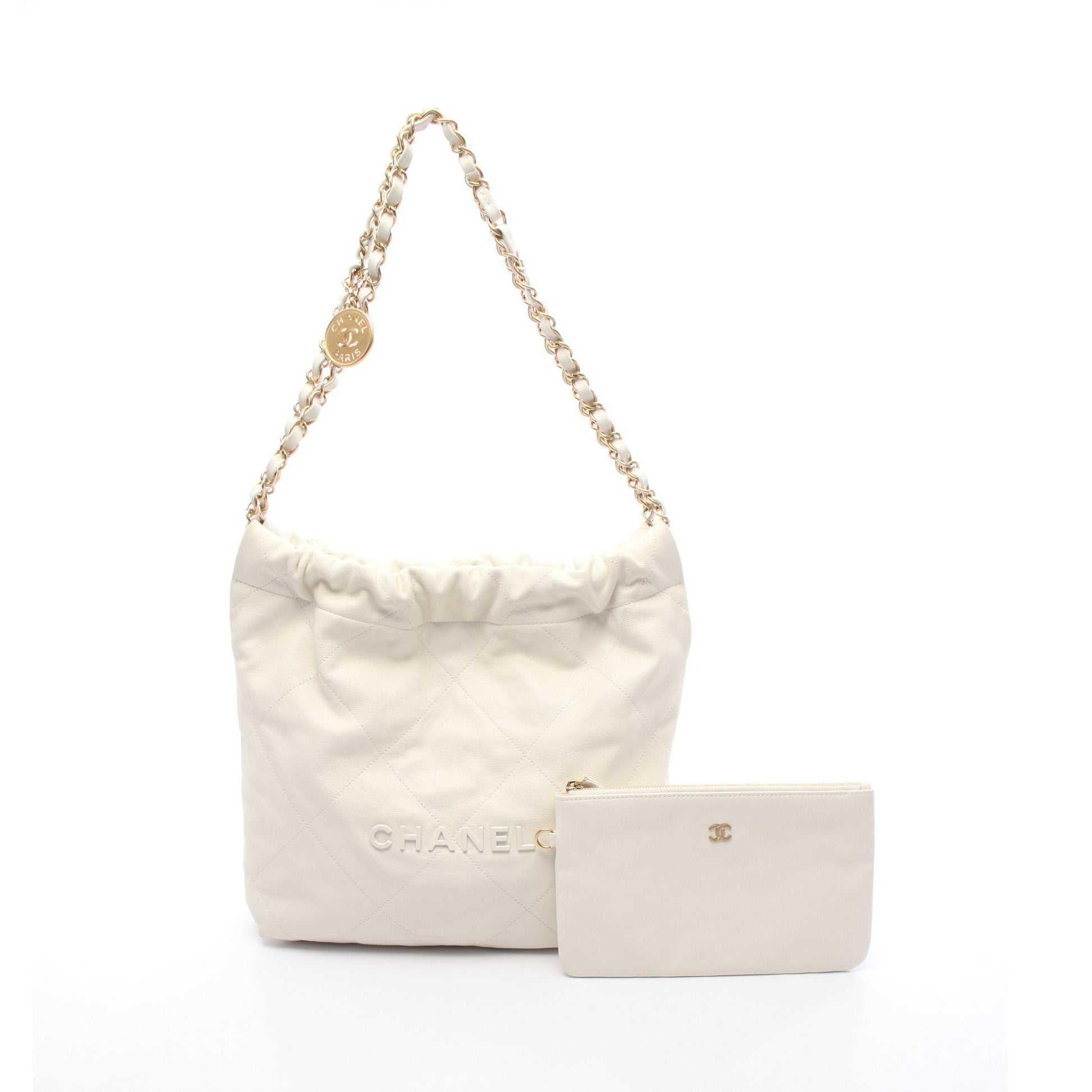 マトラッセ シャネル22 スモール チェーンショルダーバッグ レザー オフホワイト ゴールド金具 シャネル バッグ CHANEL