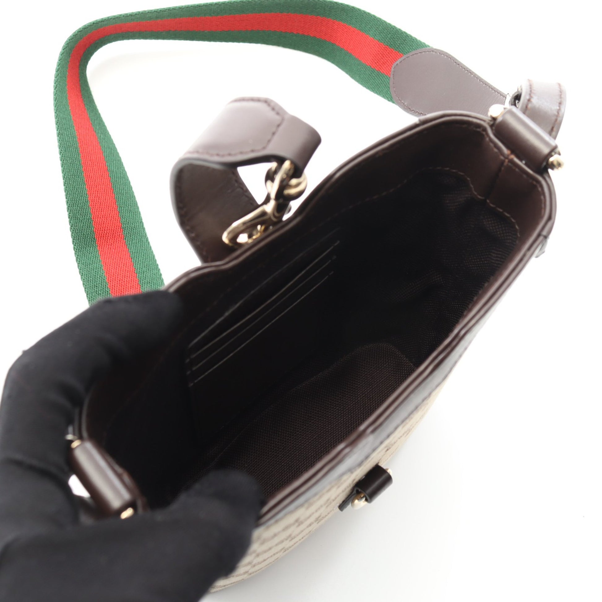 GGシャドウ ミニバケット ショルダーバッグ キャンバス レザー ベージュ ダークブラウン グッチ バッグ GUCCI
