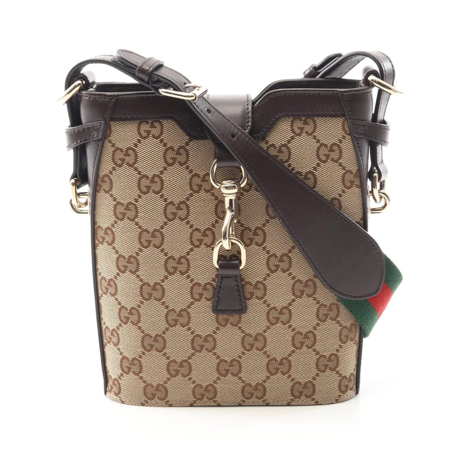 GGシャドウ ミニバケット ショルダーバッグ キャンバス レザー ベージュ ダークブラウン グッチ バッグ GUCCI