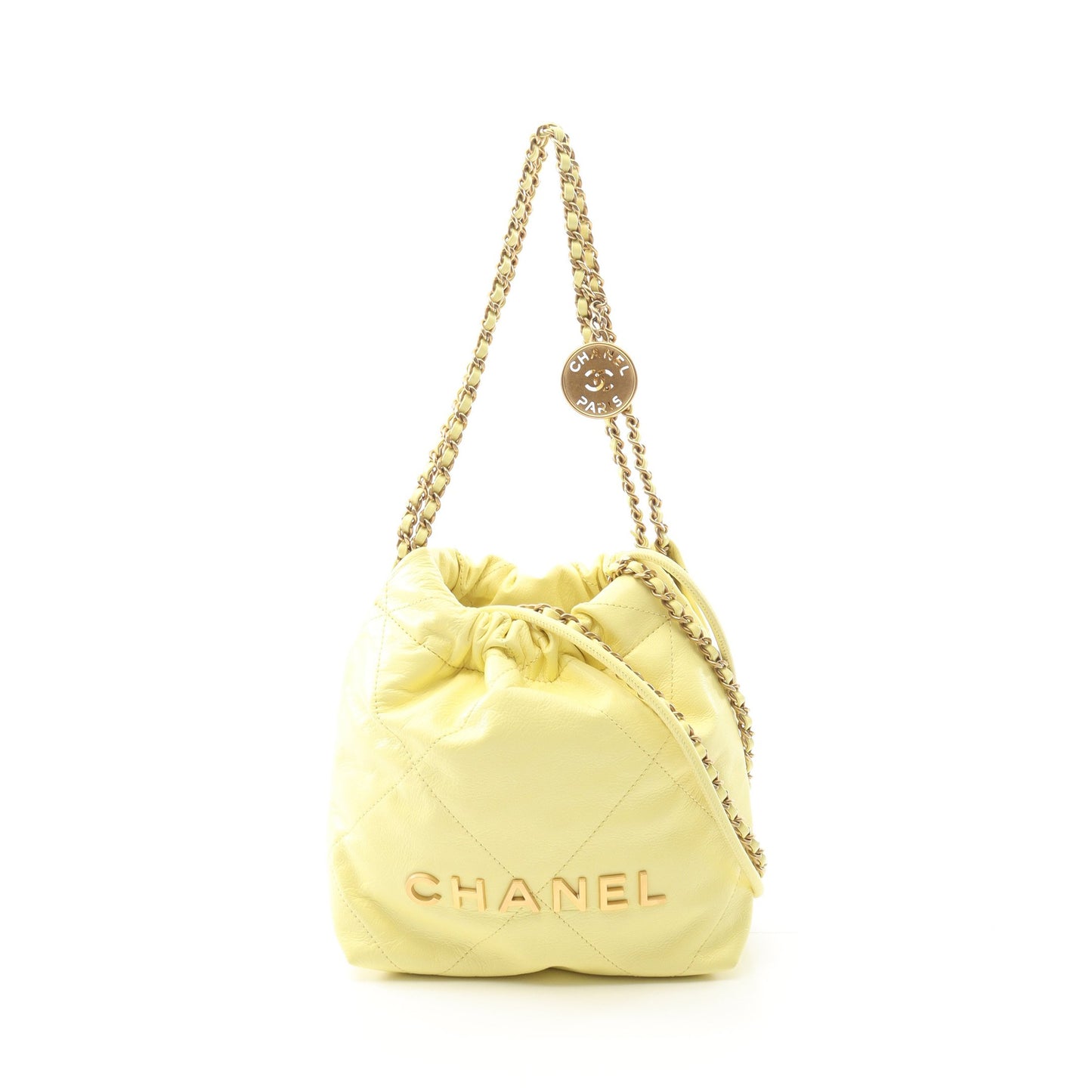 CHANEL 22 ミニ チェーンショルダーバッグ レザー ライトイエロー ゴールド金具 シャネル バッグ CHANEL