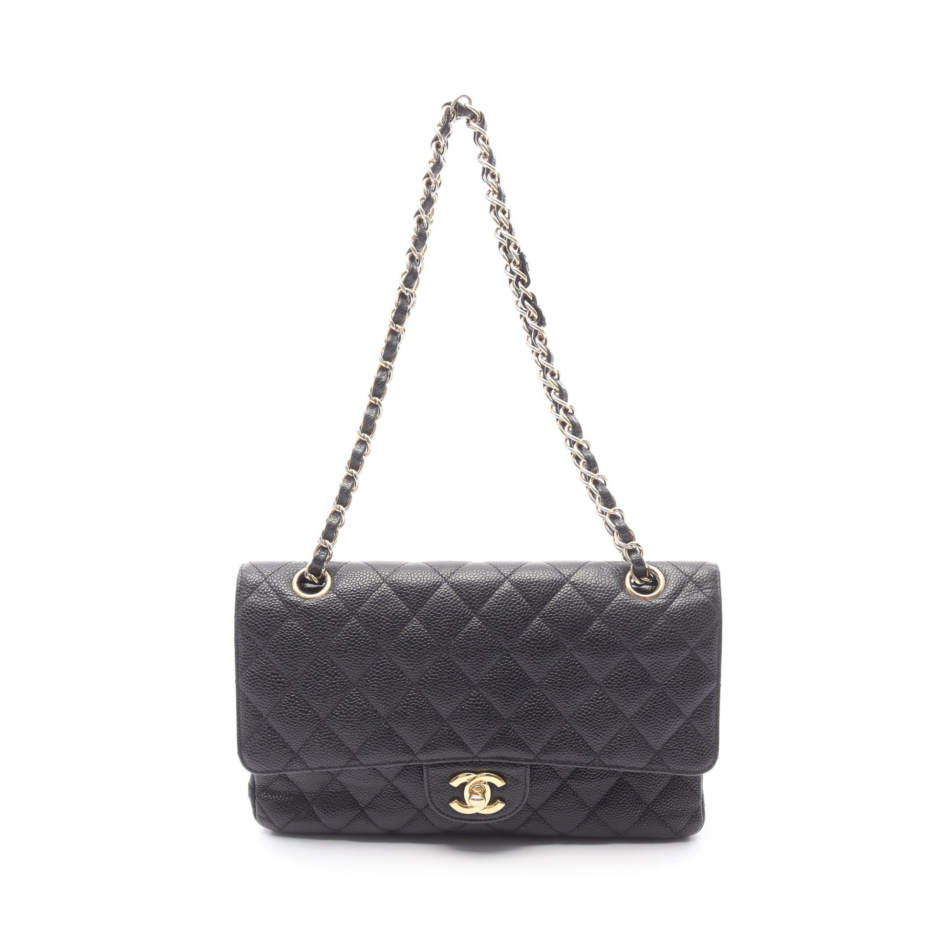 マトラッセ Wフラップ Wチェーンショルダーバッグ キャビアスキン ブラック ゴールド金具 シャネル バッグ CHANEL