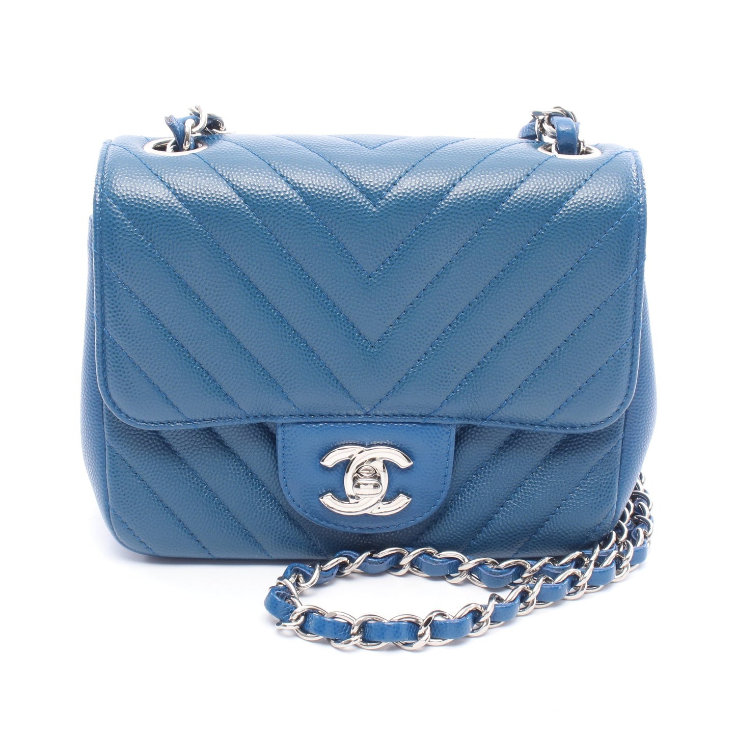 シェブロン Vステッチ チェーンショルダーバッグ キャビアスキン ブルー シルバー金具 シャネル バッグ CHANEL