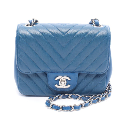 シェブロン Vステッチ チェーンショルダーバッグ キャビアスキン ブルー シルバー金具 シャネル バッグ CHANEL
