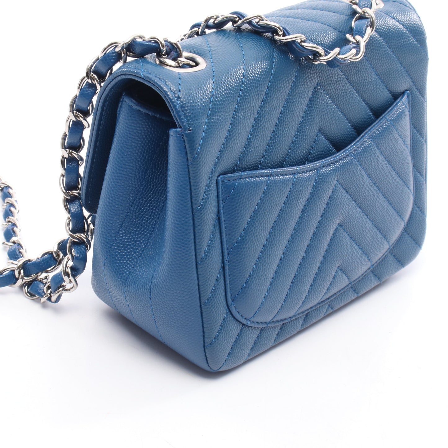 シェブロン Vステッチ チェーンショルダーバッグ キャビアスキン ブルー シルバー金具 シャネル バッグ CHANEL