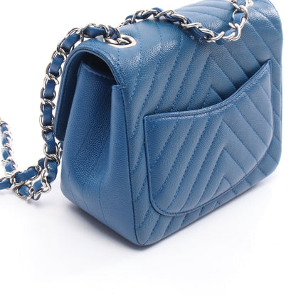 シェブロン Vステッチ チェーンショルダーバッグ キャビアスキン ブルー シルバー金具 シャネル バッグ CHANEL