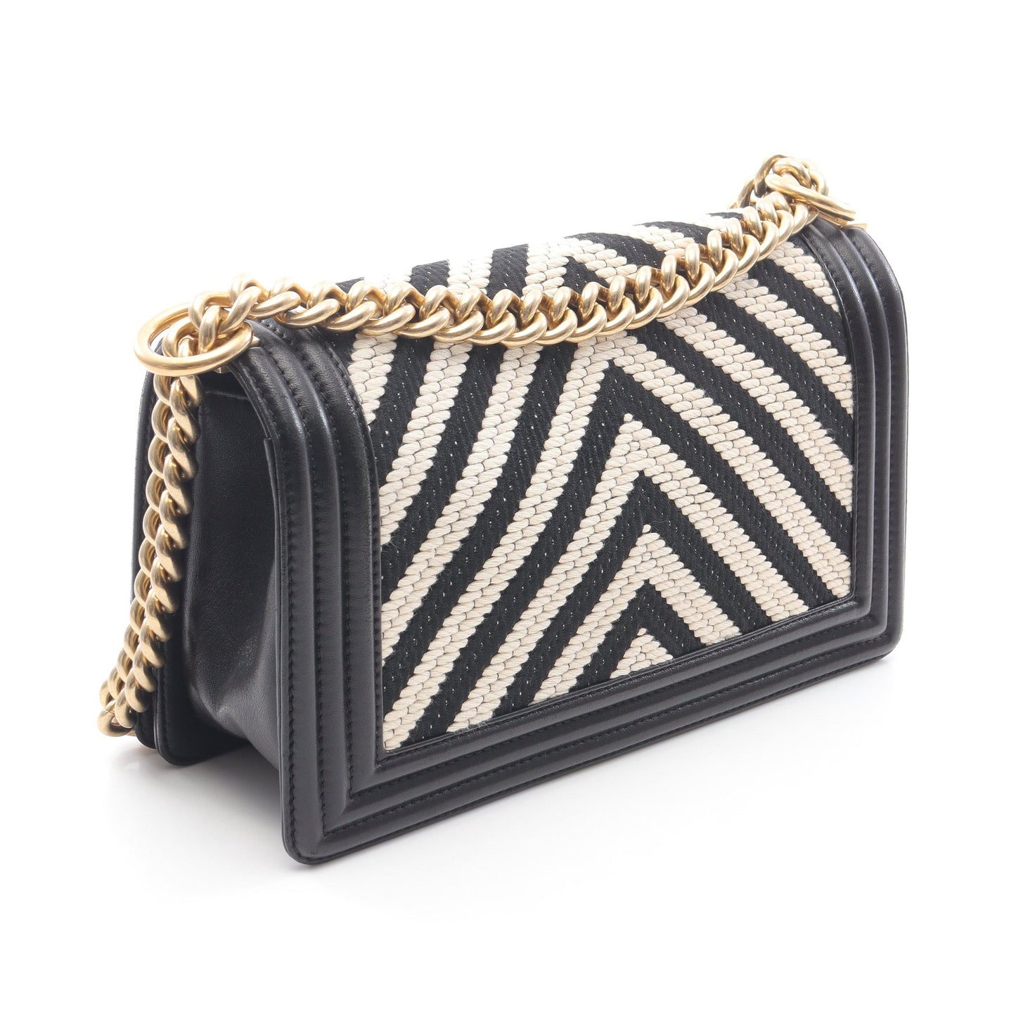 ボーイシャネル チェーンショルダーバッグ ファブリック レザー ブラック ホワイト ゴールド金具 シャネル バッグ CHANEL