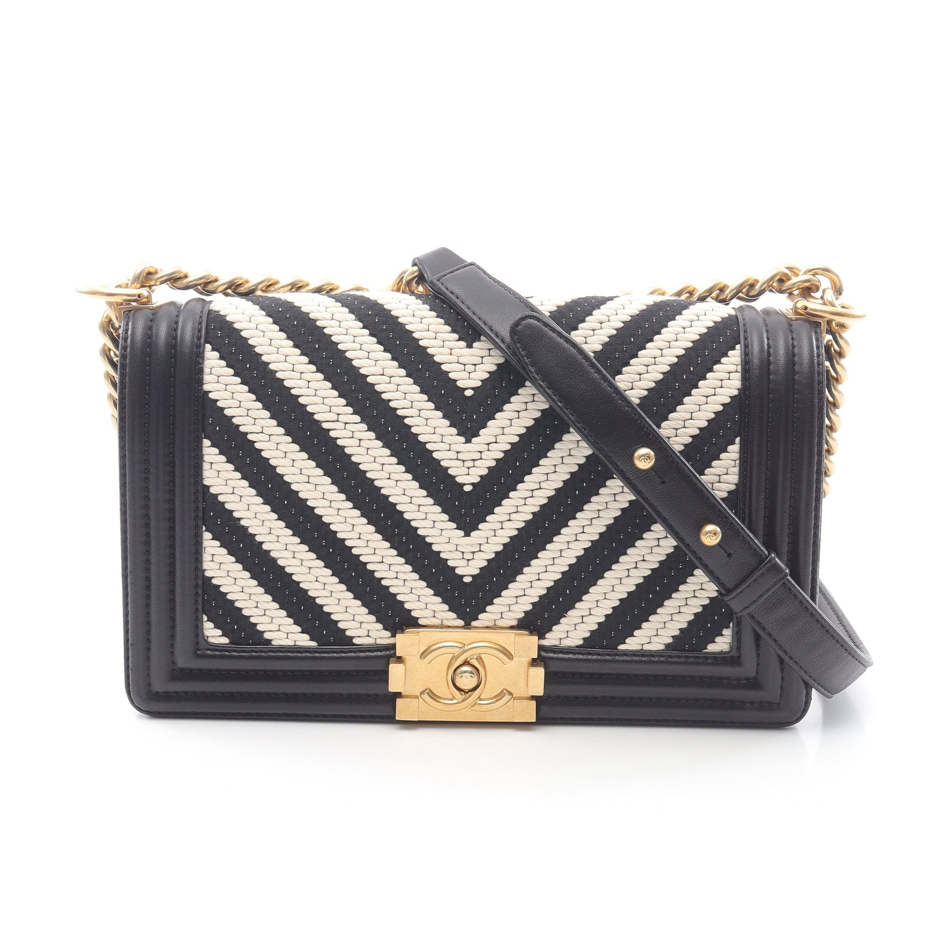ボーイシャネル チェーンショルダーバッグ ファブリック レザー ブラック ホワイト ゴールド金具 シャネル バッグ CHANEL