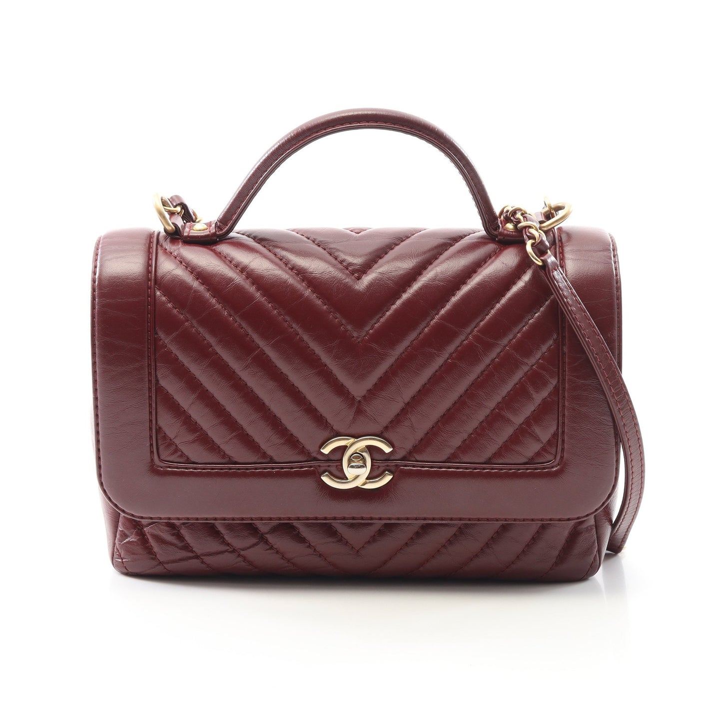 シェブロン Vステッチ トップハンドル チェーンショルダーバッグ レザー ボルドー ゴールド金具 2WAY シャネル バッグ CHANEL
