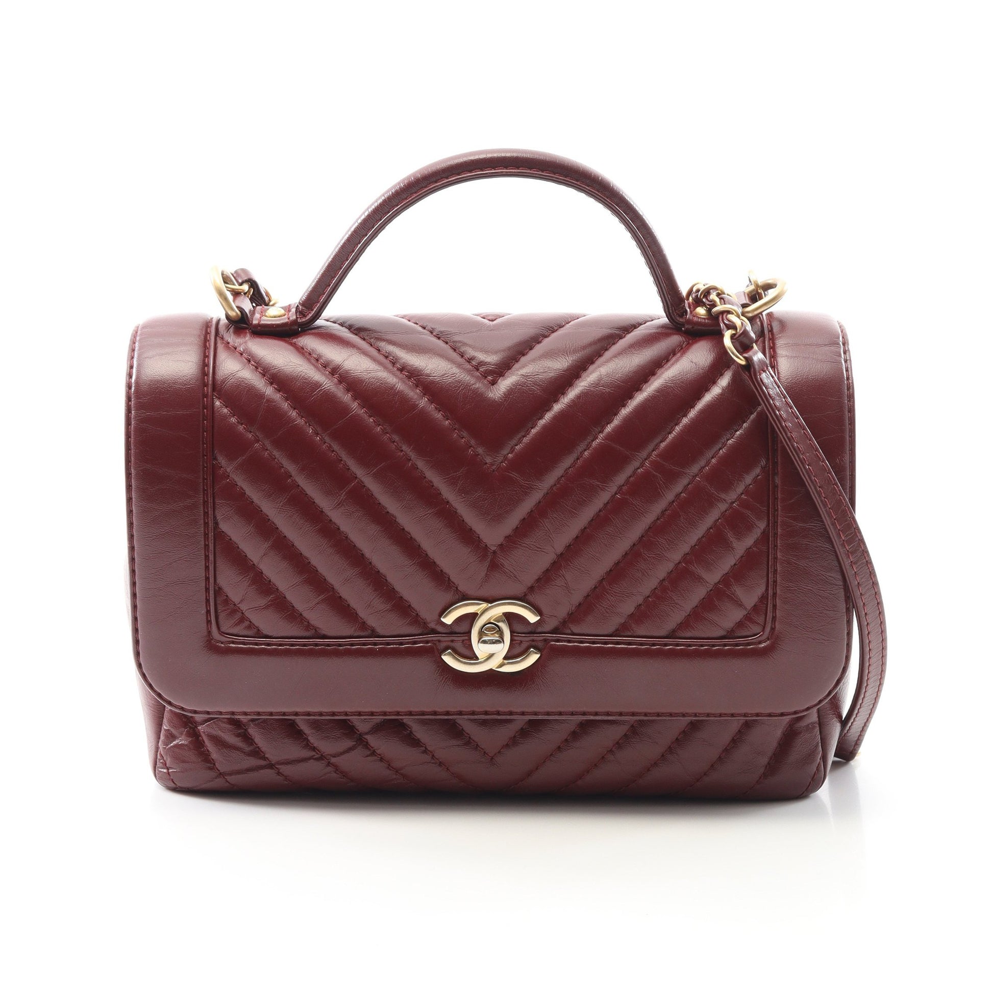 シェブロン Vステッチ トップハンドル チェーンショルダーバッグ レザー ボルドー ゴールド金具 2WAY シャネル バッグ CHANEL
