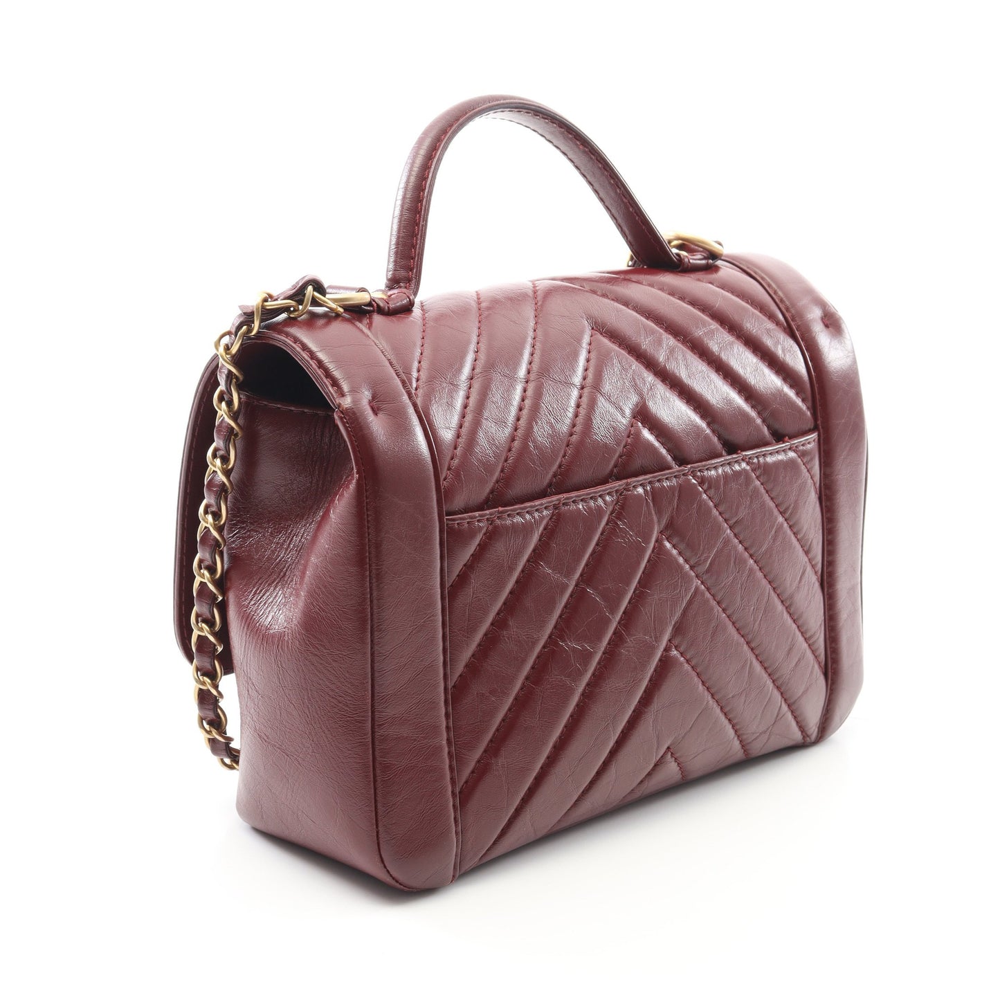 シェブロン Vステッチ トップハンドル チェーンショルダーバッグ レザー ボルドー ゴールド金具 2WAY シャネル バッグ CHANEL
