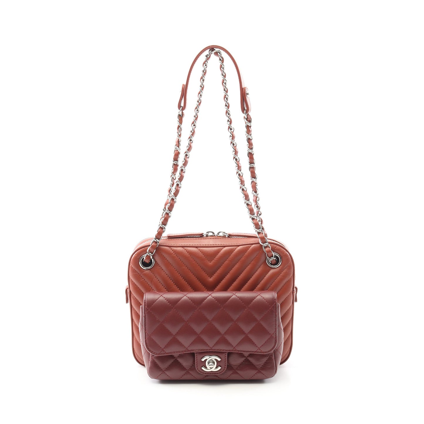 Vステッチ シェブロン チェーンショルダーバッグ ラムスキン ライトブラウン ボルドー シルバー金具 シャネル バッグ CHANEL