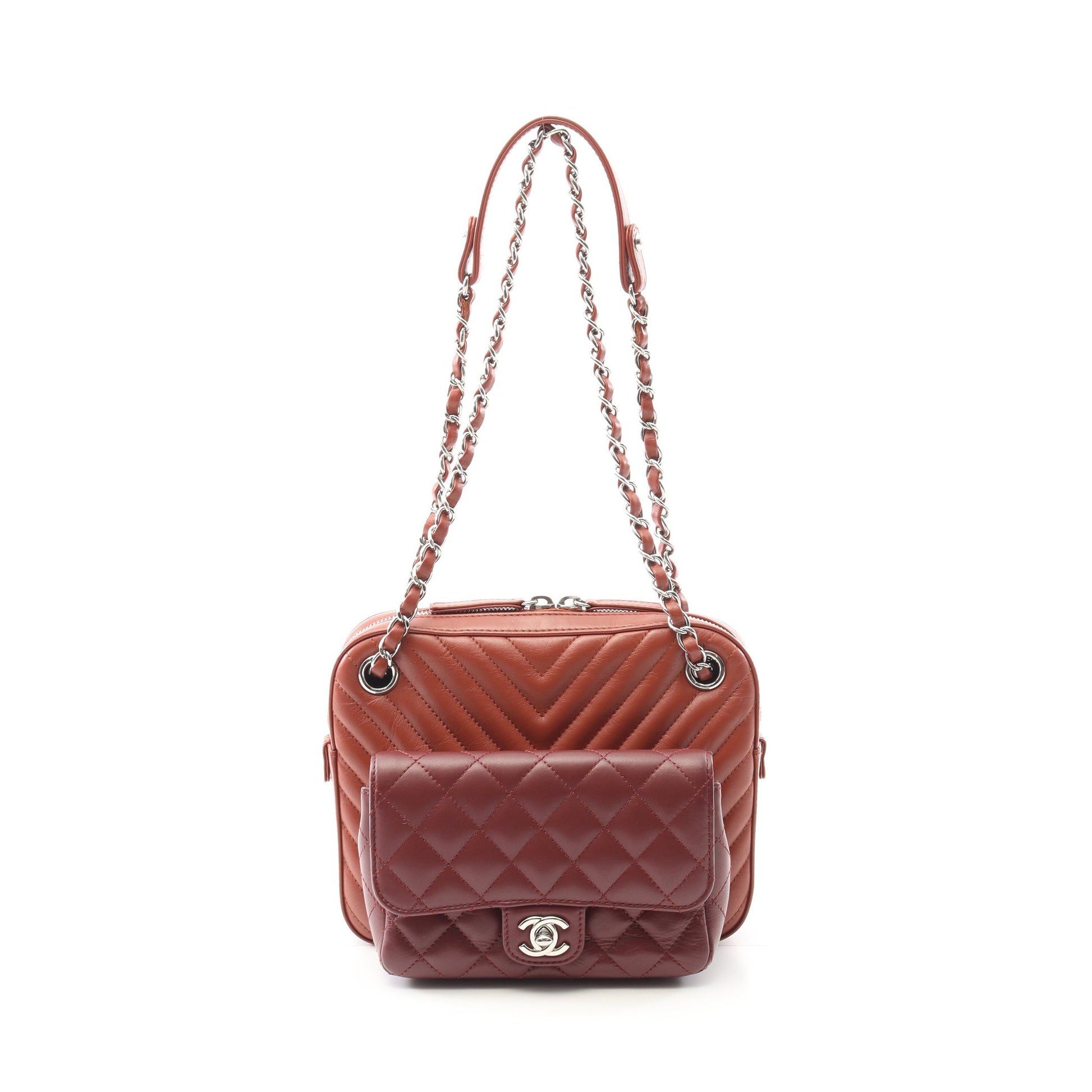 Vステッチ シェブロン チェーンショルダーバッグ ラムスキン ライトブラウン ボルドー シルバー金具 シャネル バッグ CHANEL