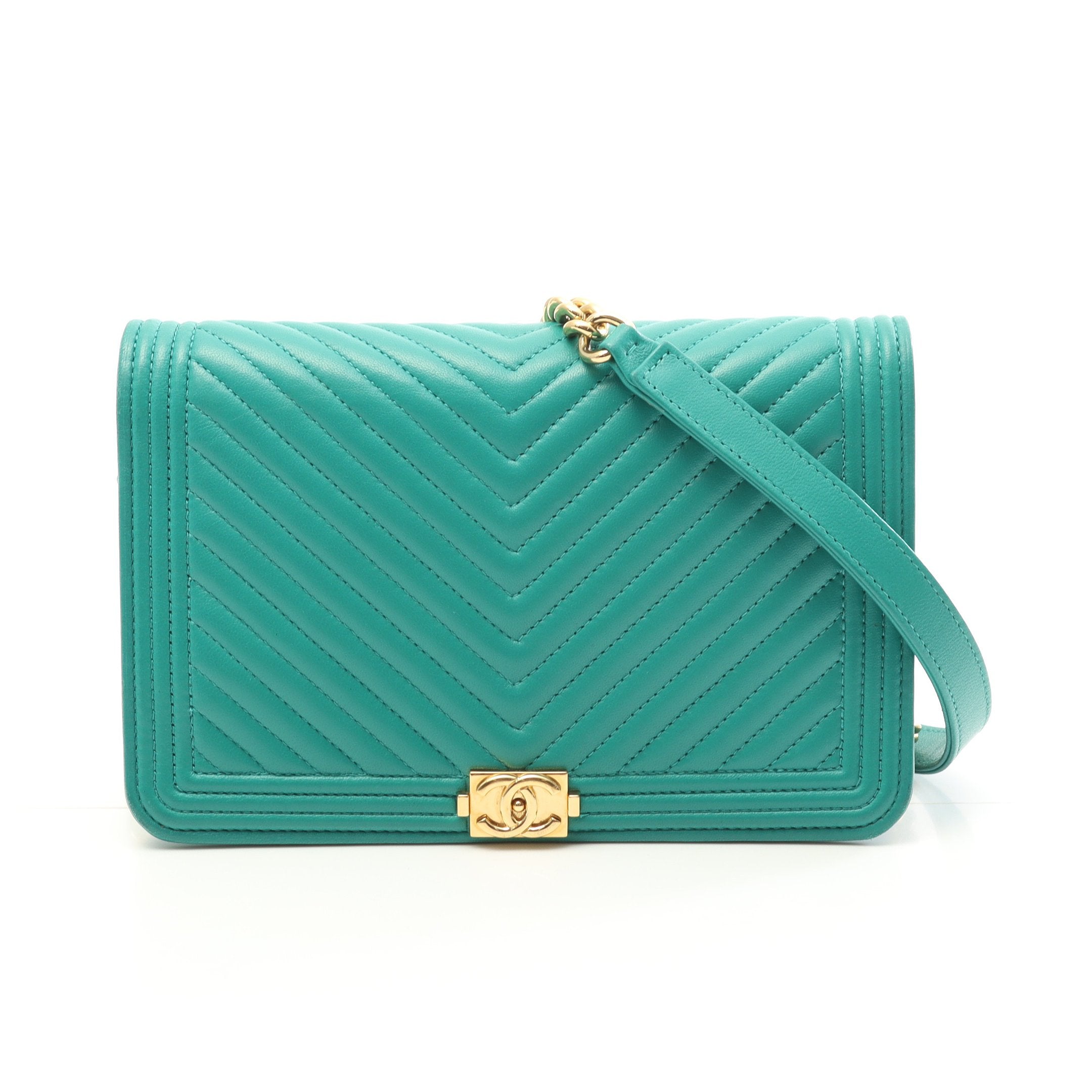 ボーイシャネル Vステッチ チェーンウォレット ラムスキン グリーン