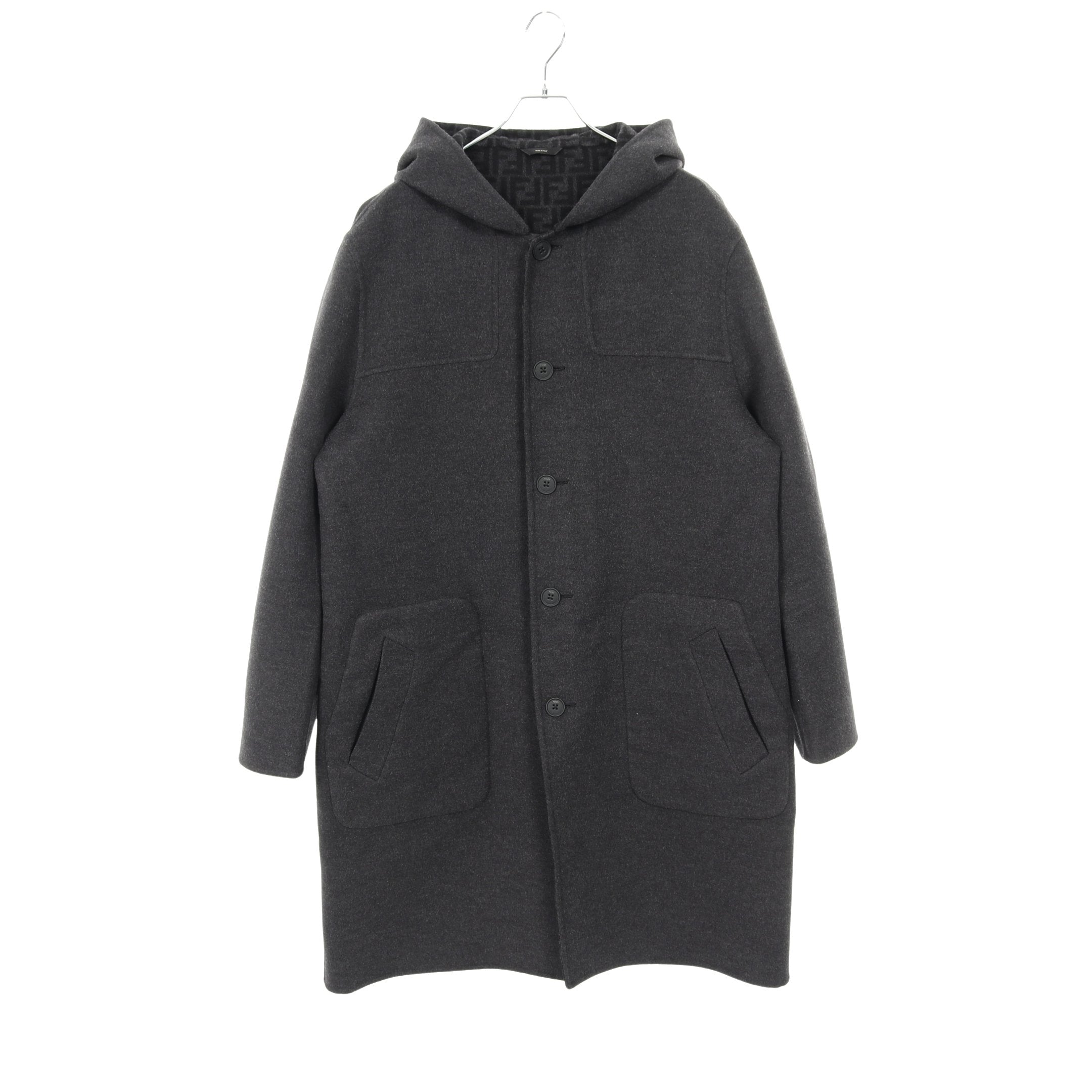 FF柄 リバーシブル コート ウール ダークグレー ブラック フード付き