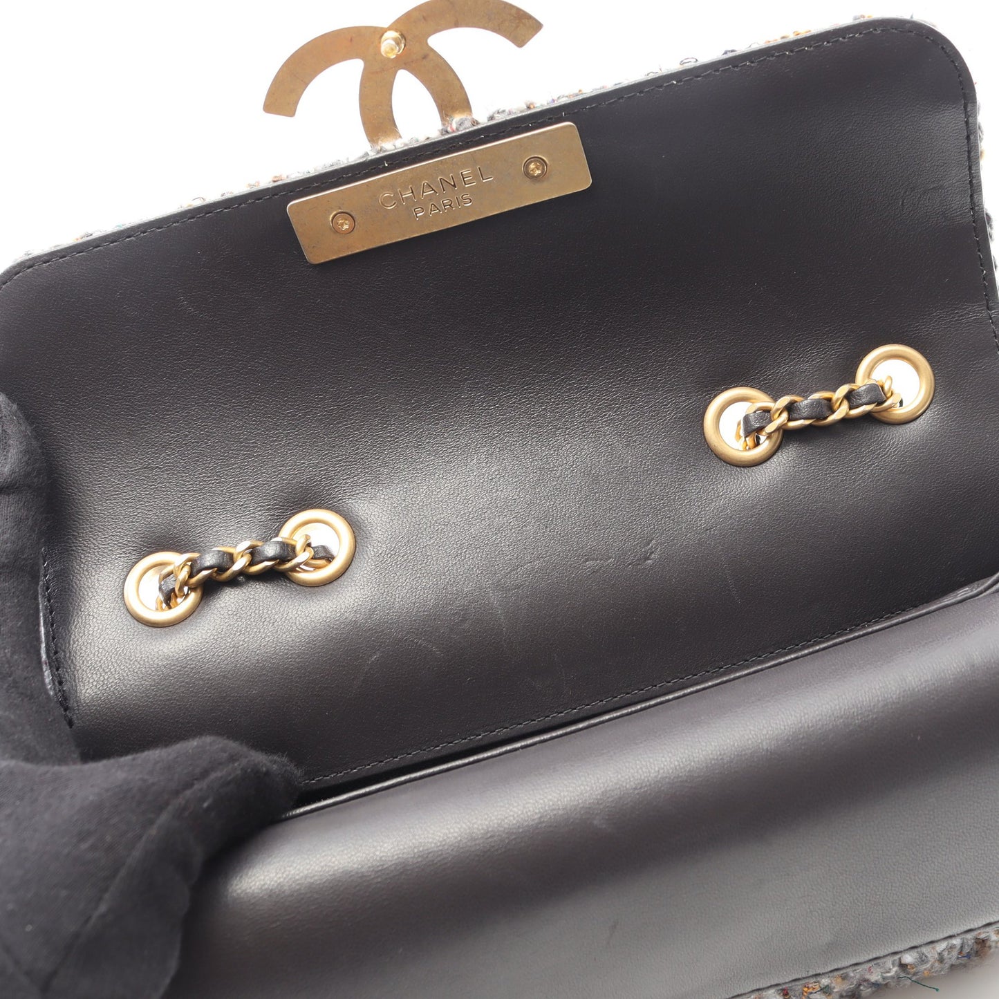 ココマーク Wチェーンショルダーバッグ ツイード レザー グレー ゴールド金具 シャネル バッグ CHANEL
