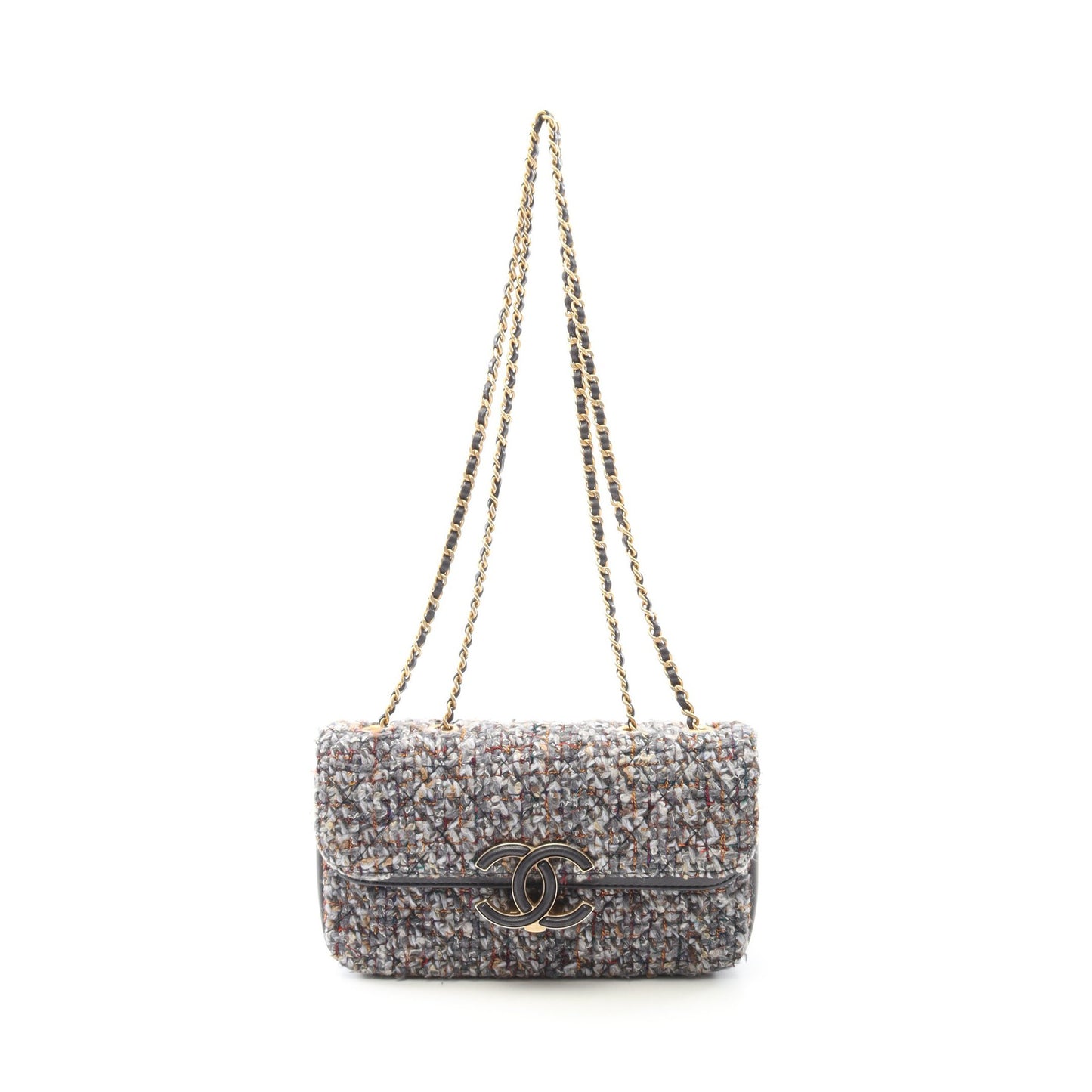ココマーク Wチェーンショルダーバッグ ツイード レザー グレー ゴールド金具 シャネル バッグ CHANEL