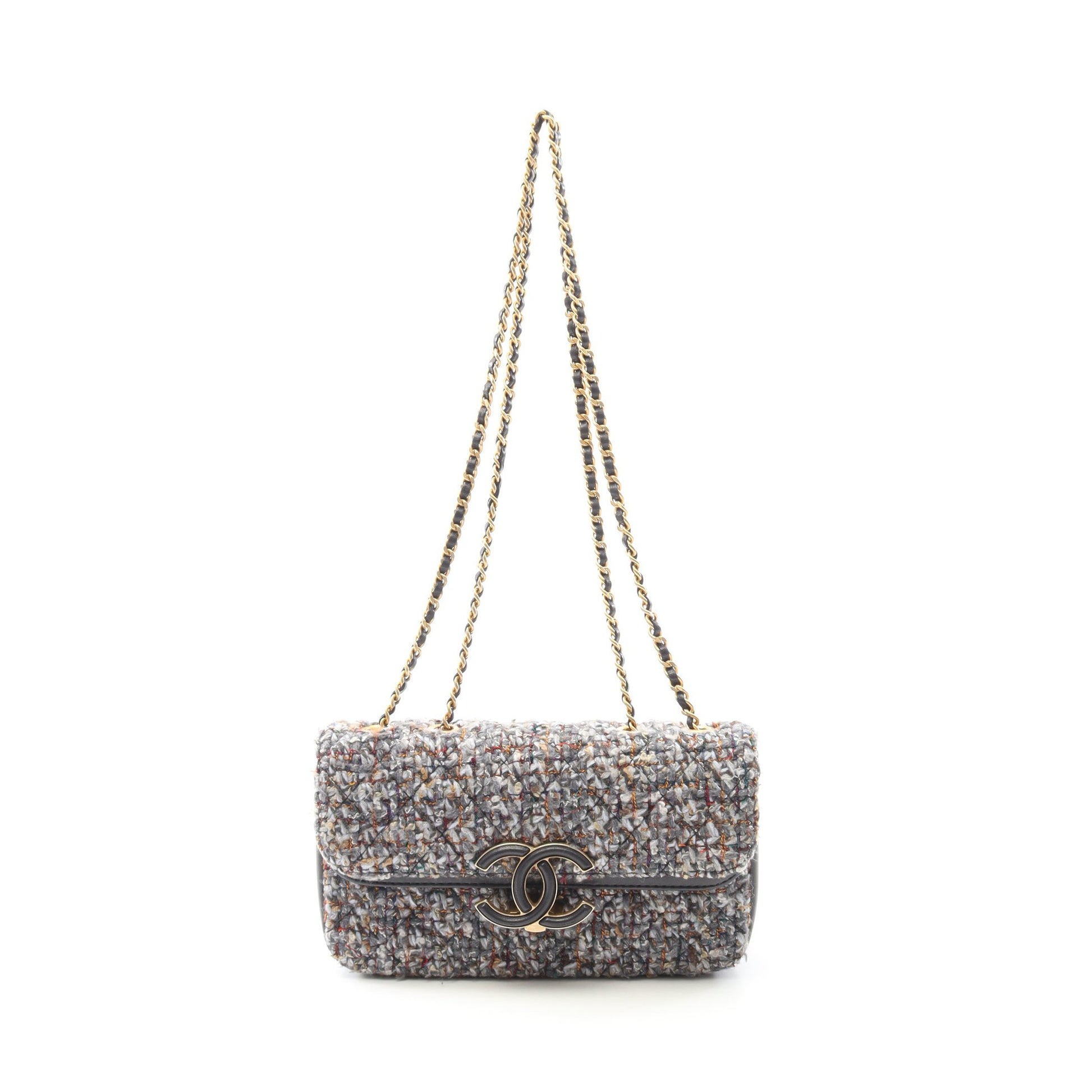 ココマーク Wチェーンショルダーバッグ ツイード レザー グレー ゴールド金具 シャネル バッグ CHANEL
