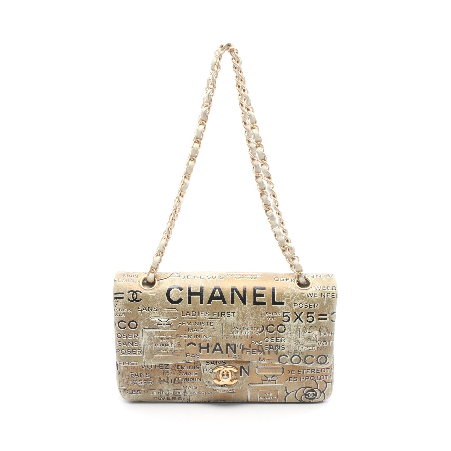 マトラッセ Wフラップ Wチェーンショルダーバッグ レザー ブラウン ライトグリーン ゴールド金具 シャネル バッグ CHANEL