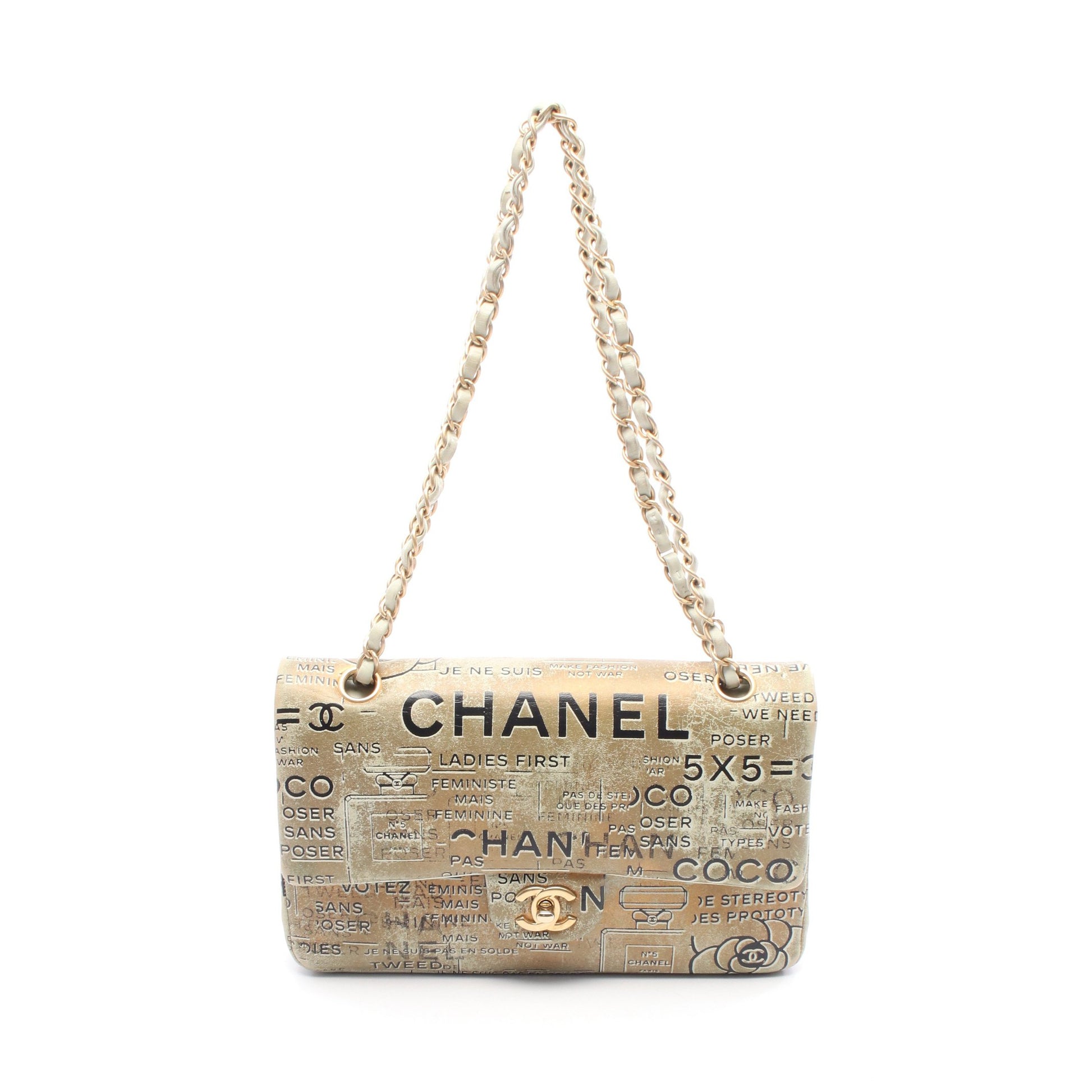 マトラッセ Wフラップ Wチェーンショルダーバッグ レザー ブラウン ライトグリーン ゴールド金具 シャネル バッグ CHANEL