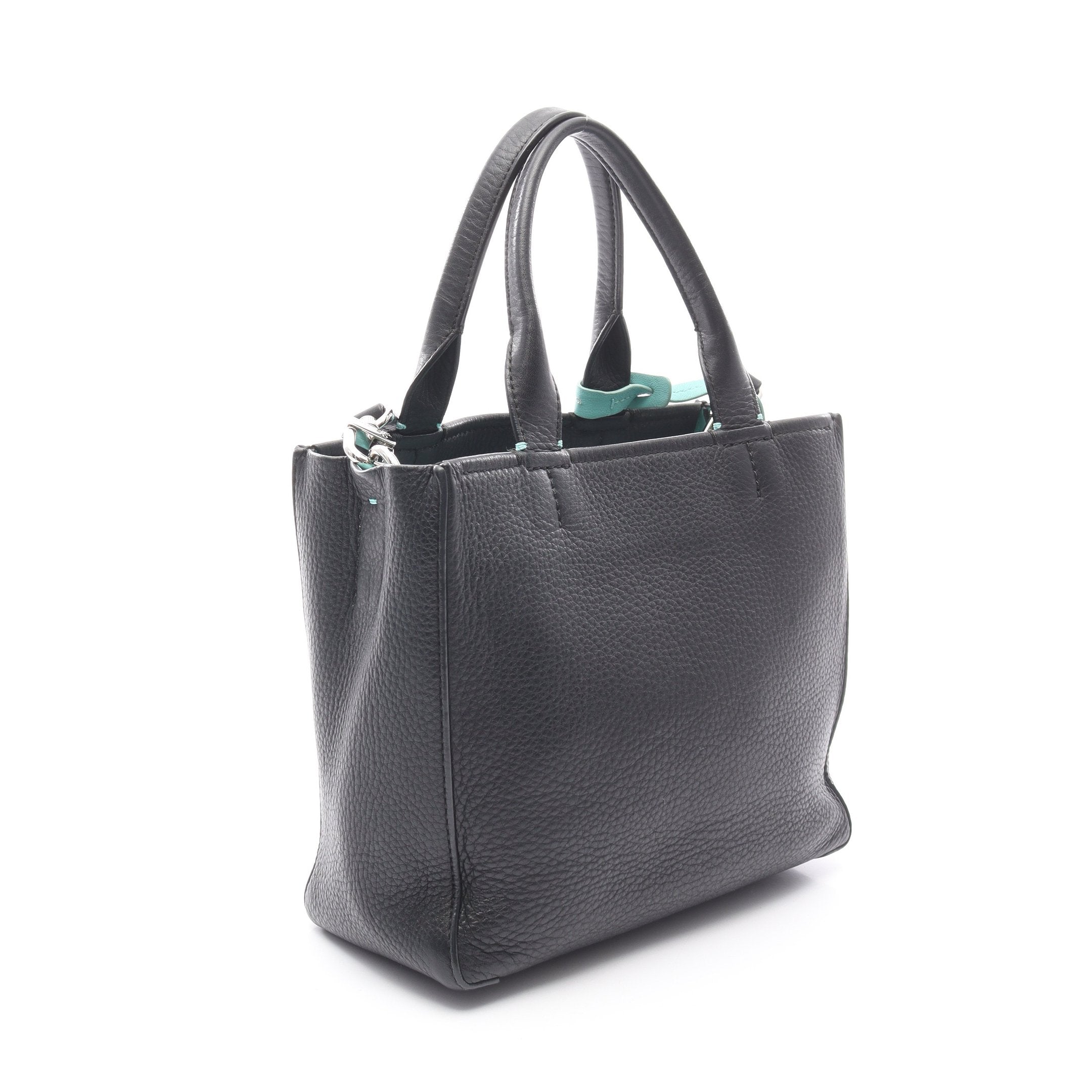 ハンドバッグ レザー ブラック ターコイズブルー 2WAY