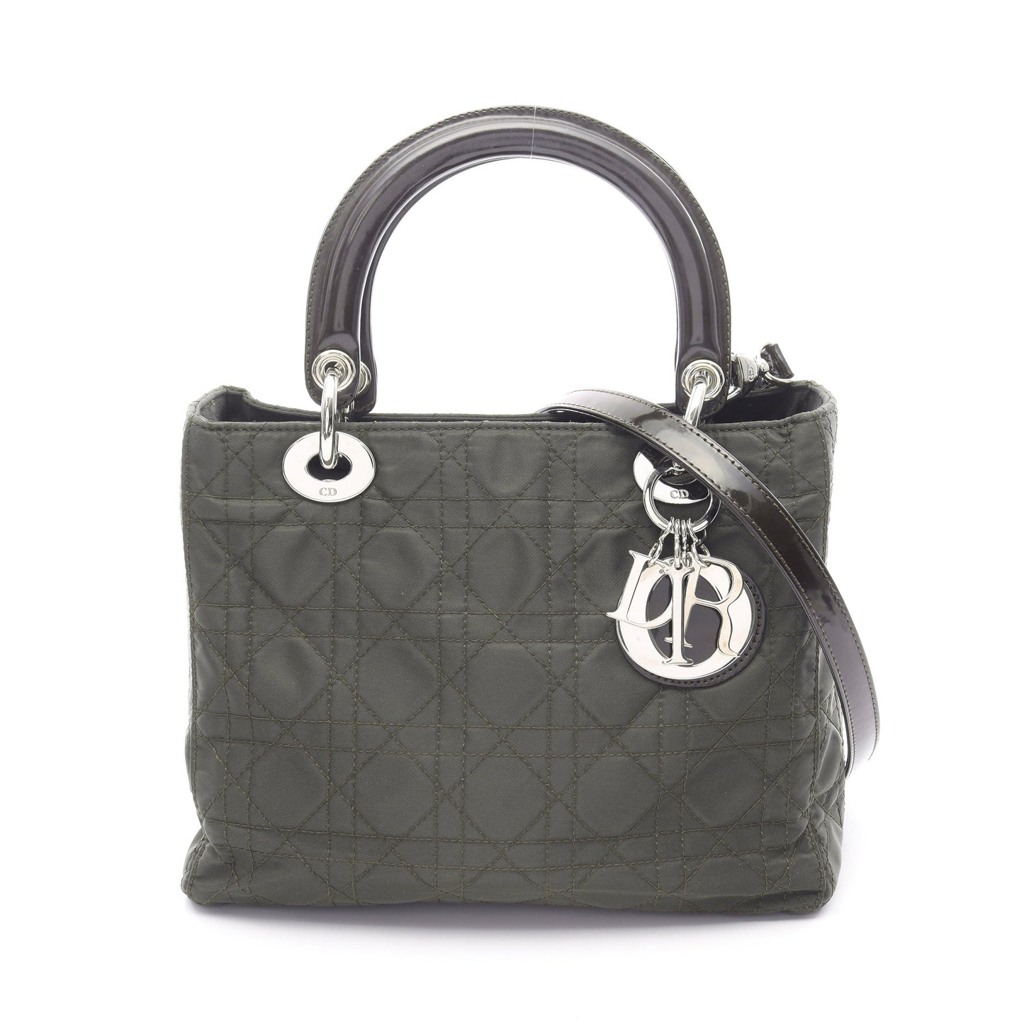 LADY DIOR レディディオール カナージュ ハンドバッグ ナイロン レザー ダークグリーン ダークブラウン 2WAY クリスチャンディオール バッグ Christian Dior