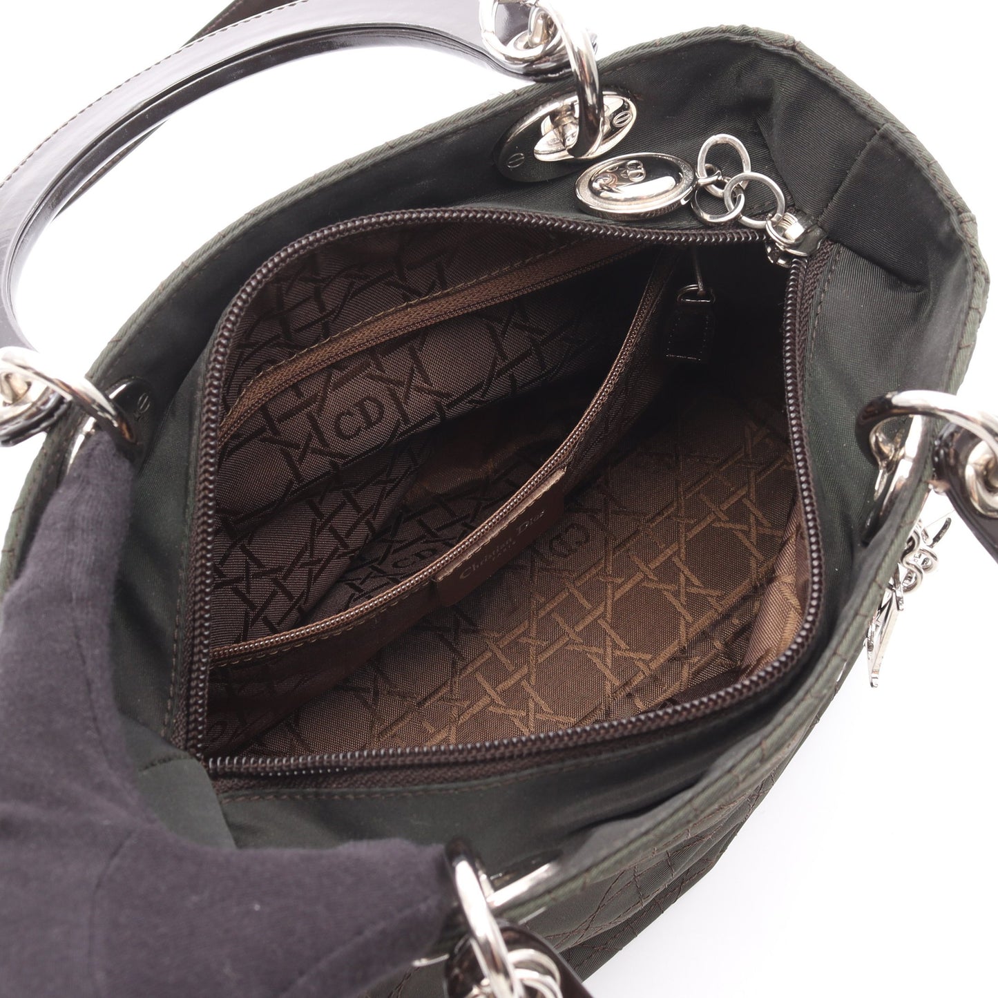 LADY DIOR レディディオール カナージュ ハンドバッグ ナイロン レザー ダークグリーン ダークブラウン 2WAY クリスチャンディオール バッグ Christian Dior